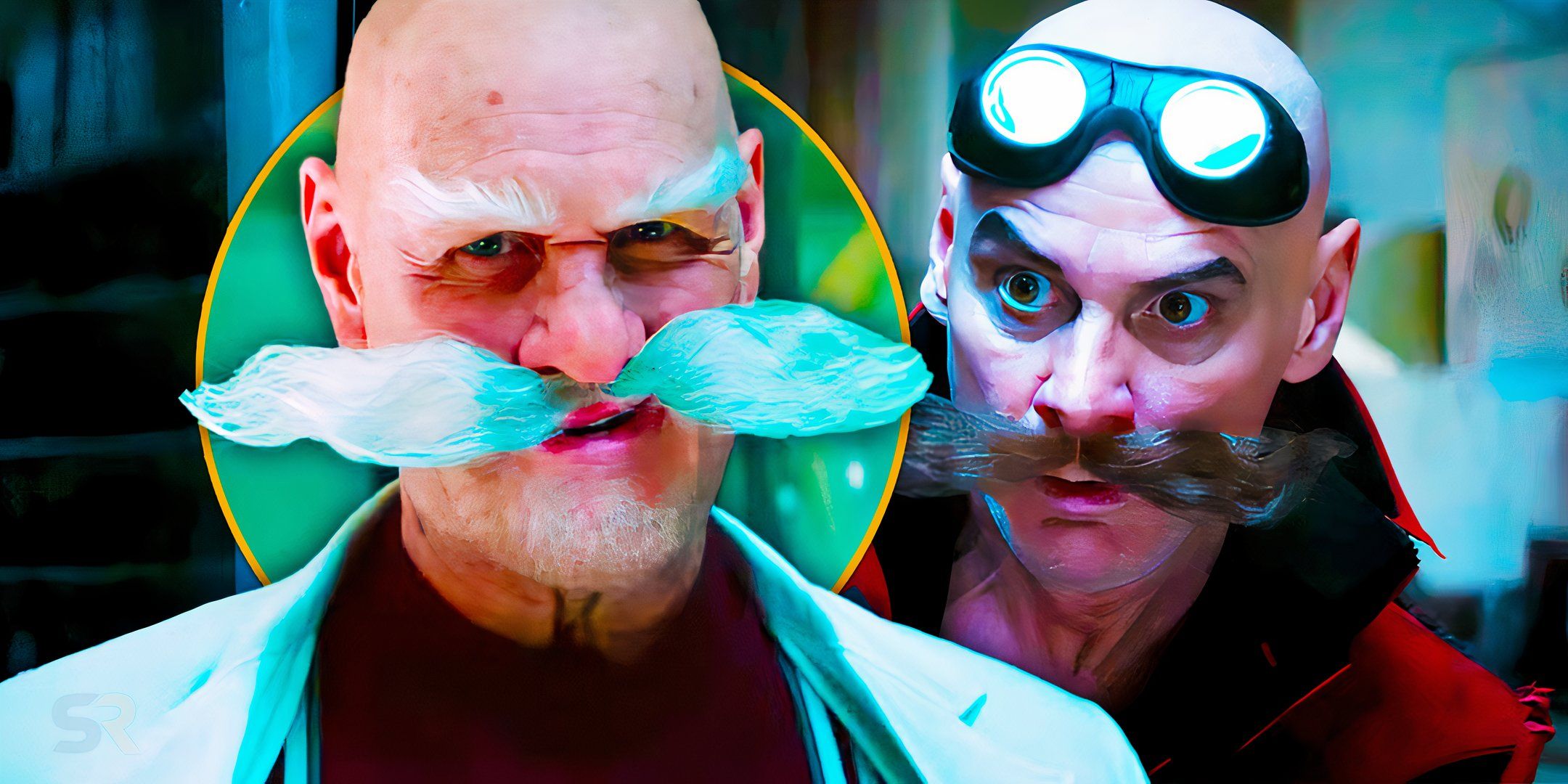 Jim Carrey as Gerald Robotnik looking confident next to Jim Carrey as Ivo Robotnik looking shocked in Sonic the Hedgehog 3