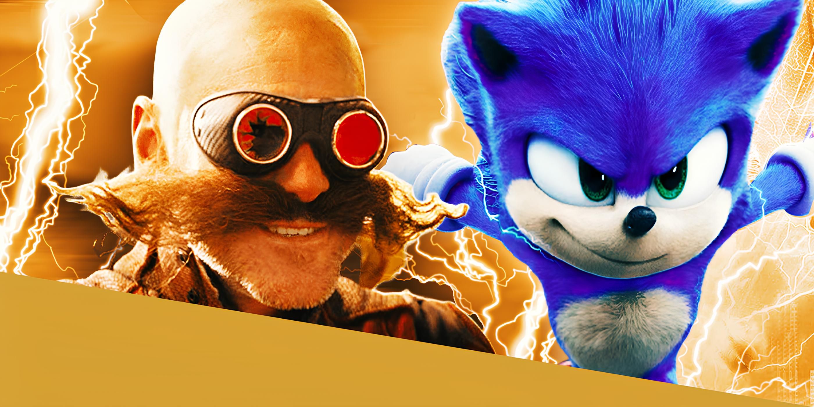 Jim Carrey grinning as Doctor Robotnik in Sonic the Hedgehog movies, Sonic racing in the same movies