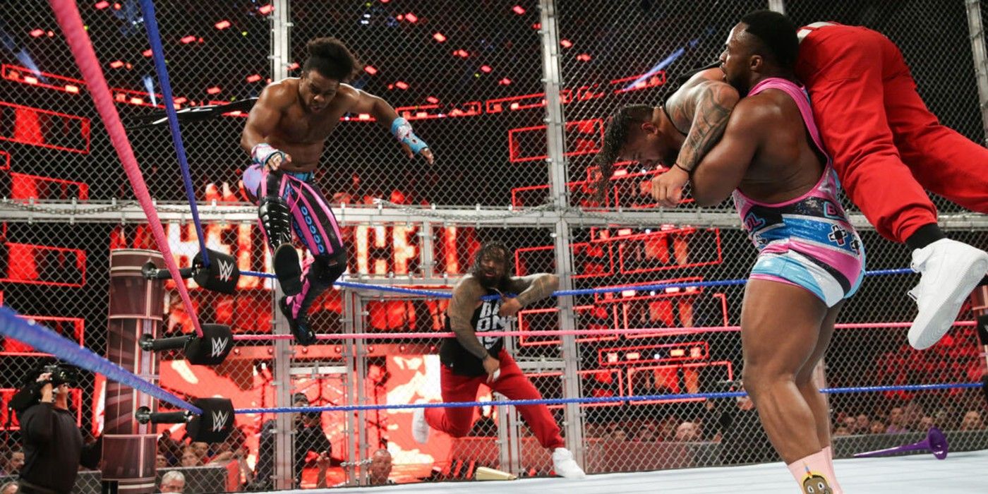 Jimmy Uso stops Xavier Woods from him and Big E hitting the New Day finisher on Jey Uso in their match with The Usos at WWE Hell in a Cell