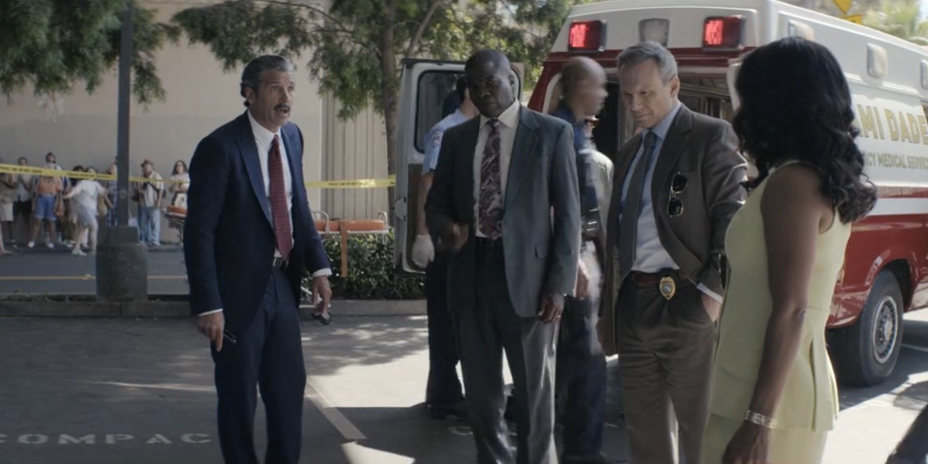 Captain Spencer, Bobby Watts, Harry Morgan and Maria LaGuerta stand at the crime scene in Dexter: Original Sin, season 1, episode 4