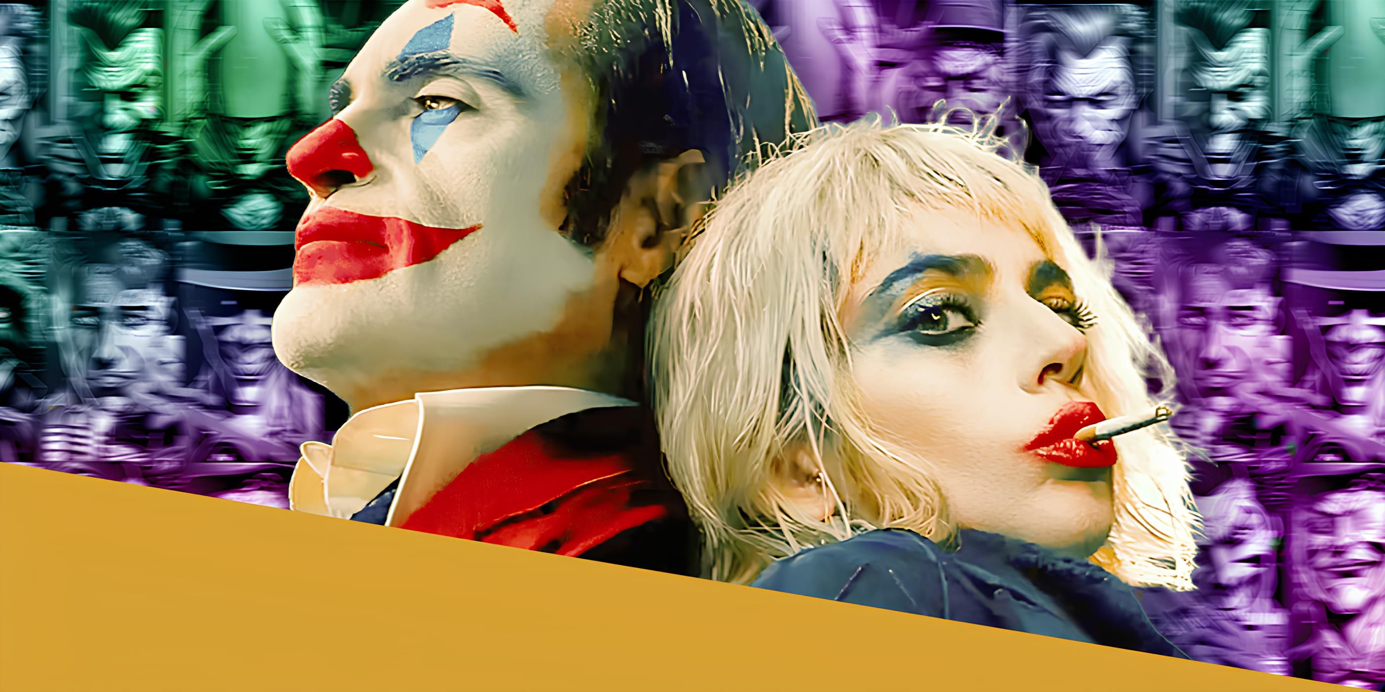 Joaquin Phoenix as Joker and Lady Gaga As Harley Quinn in Front of a Collage of DC Jokers