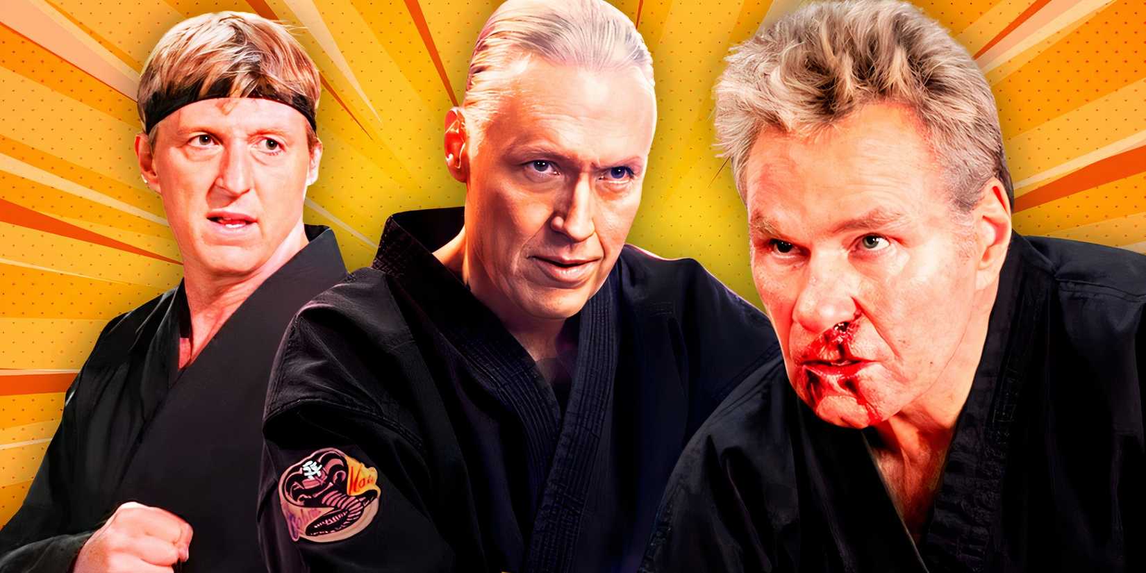 John Kreese, Terry Silver, and Johnny Lawrence all wearing Black karate gis in Cobra Kai