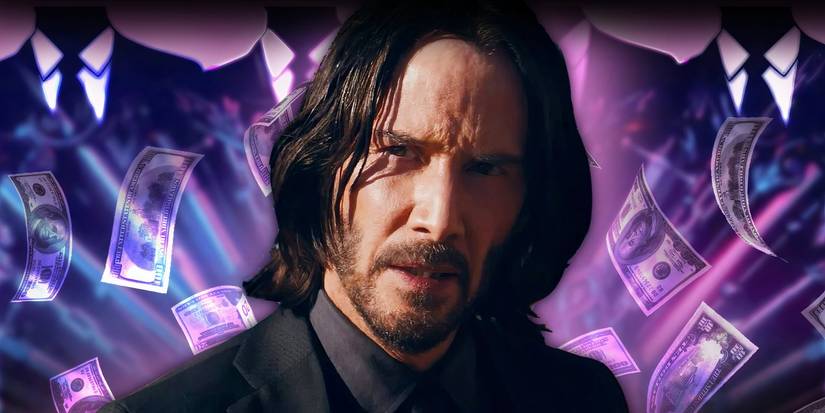 Keanu Reeves as John Wick with money on a purple and pink background bordered by suits