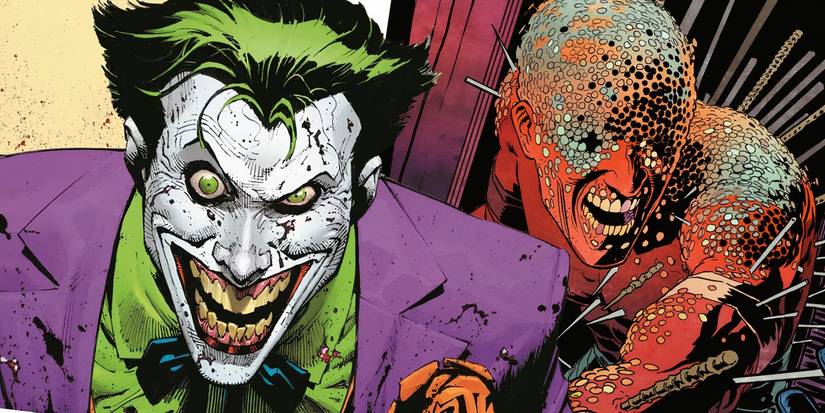Joker grins at the viewer while the Wound Man stands in the background covered in nails