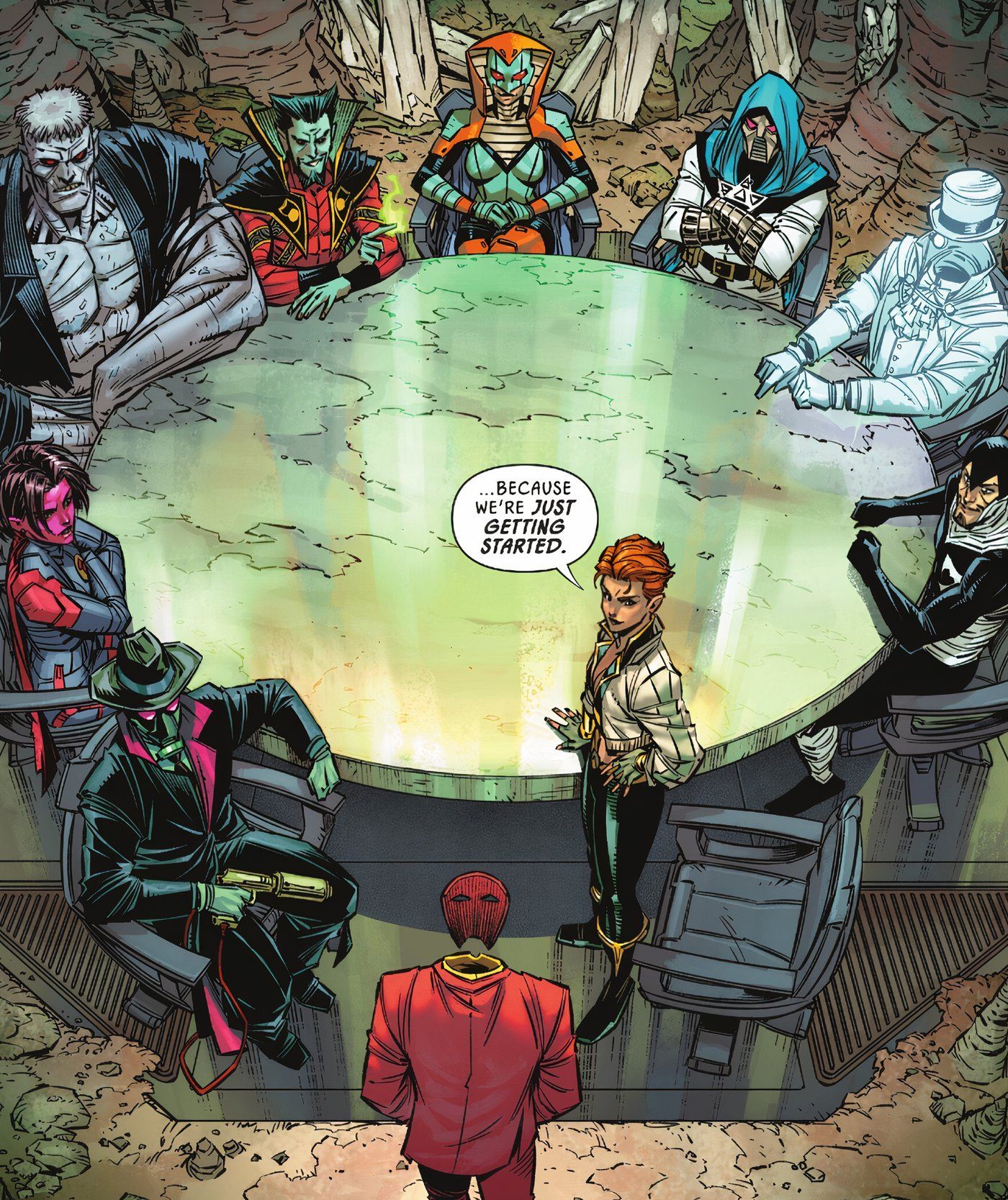 The Injustice Society sits around a table as they hold a meeting to take down the Justice Society