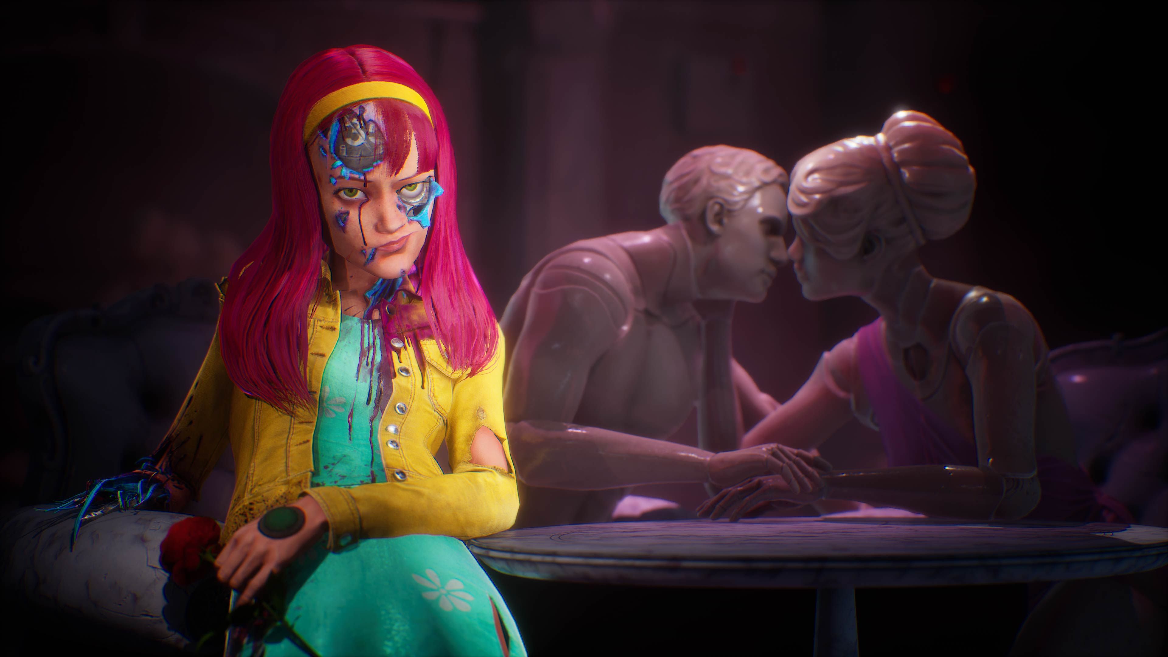 Judas pink haired girl with mechanical parts sitting in front of a sculpture of a man and a woman about to kiss