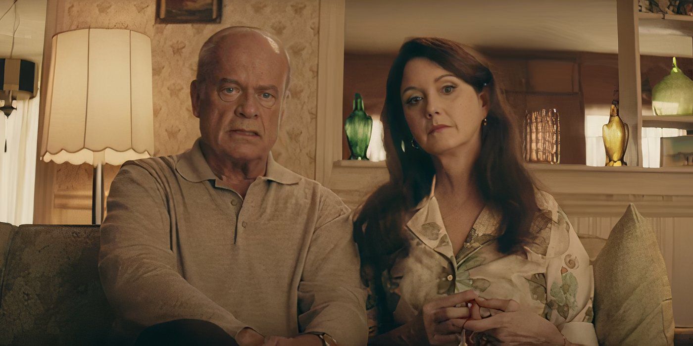 Julia Campbell and Kelsey Grammer sitting on a couch in Jesus Revolution