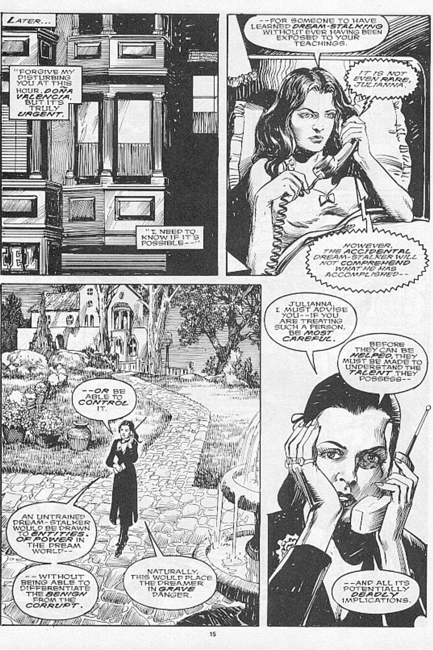 Página de quadrinhos: Juliann aprende o conceito de Dream-Stalker no que se refere a Allison Hayes em A Nightmare on Elm Street #2, de Freddy Krueger