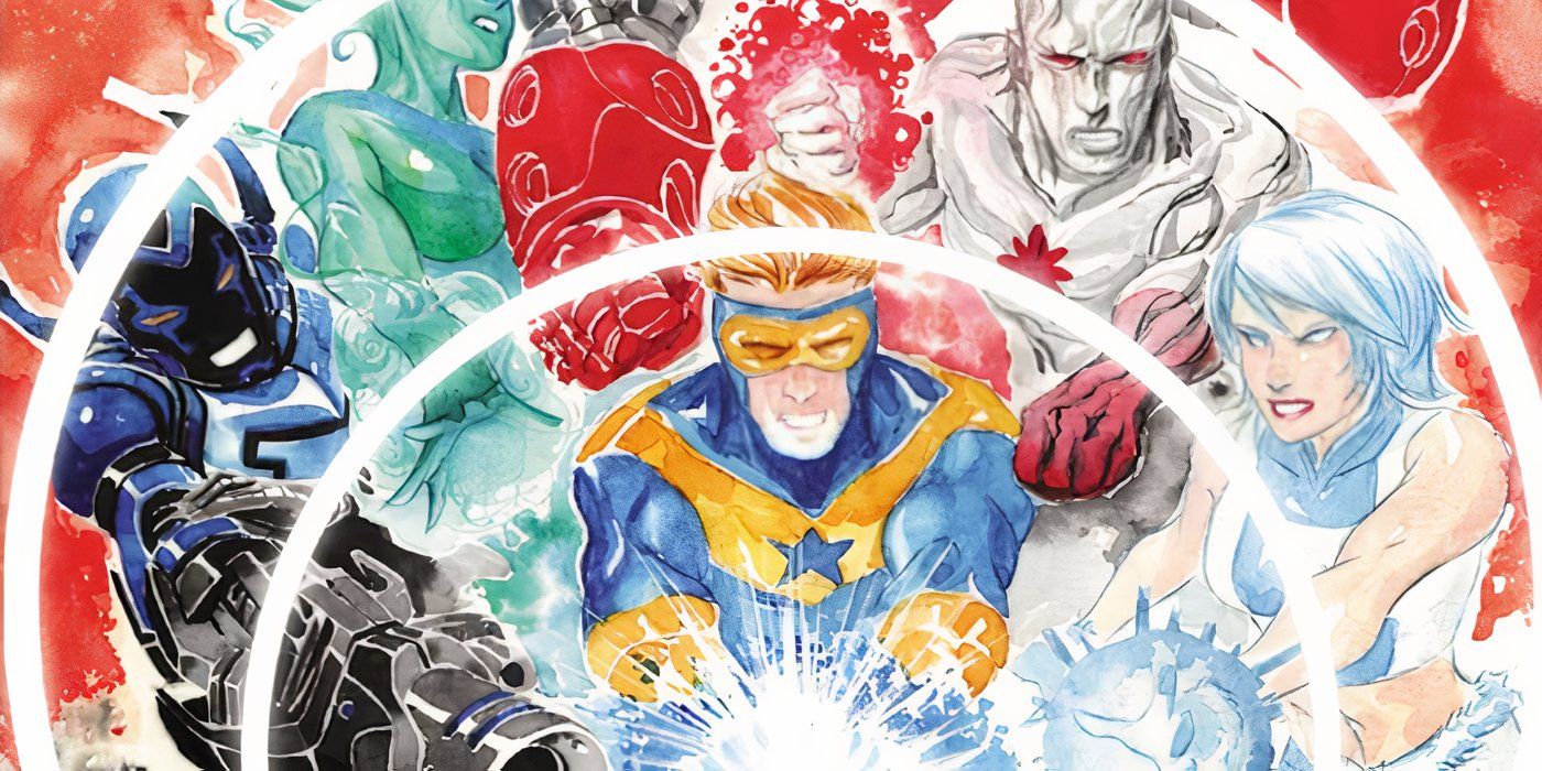 Booster Gold lidera Blue Beetle, Fire, Rocket Red, Captain Atom e Ice em um ataque