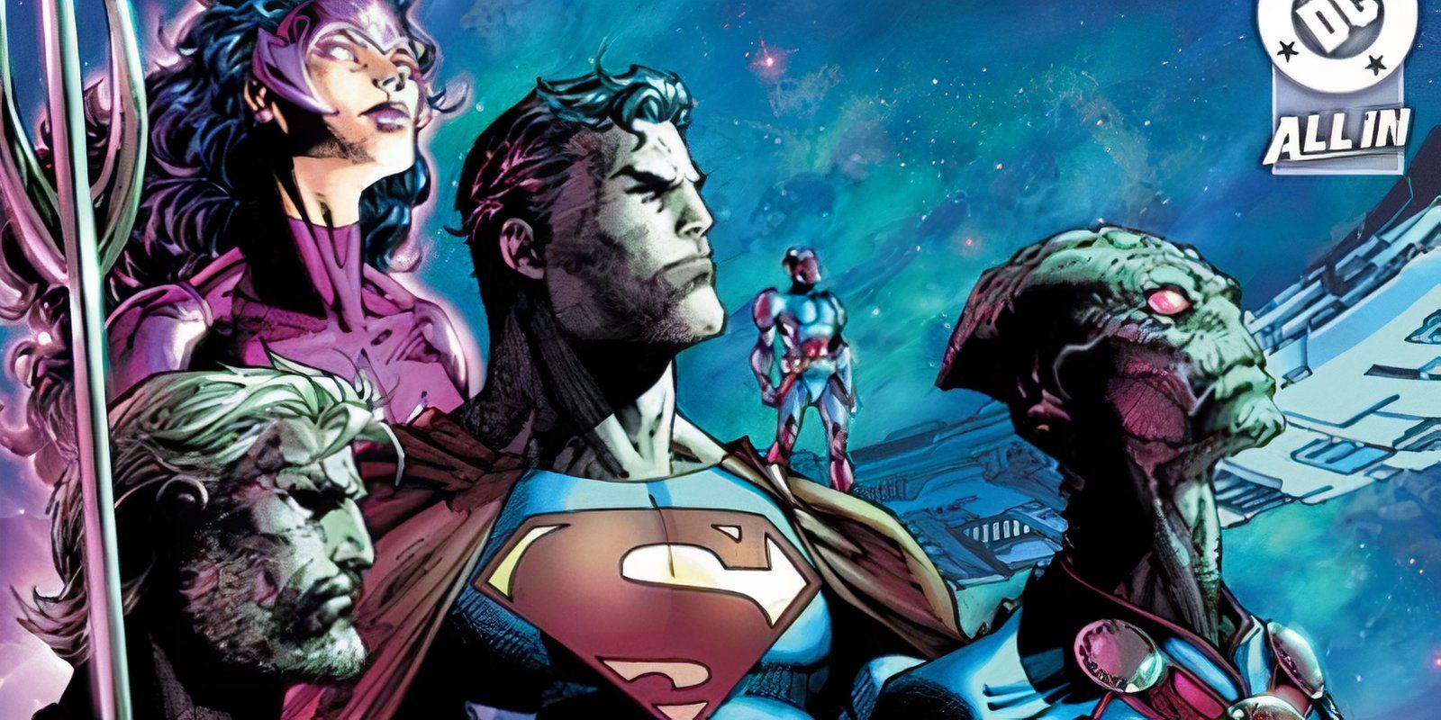 Comic book artL superman aquaman star sapphire atom and martian manhunter all look into the distance.