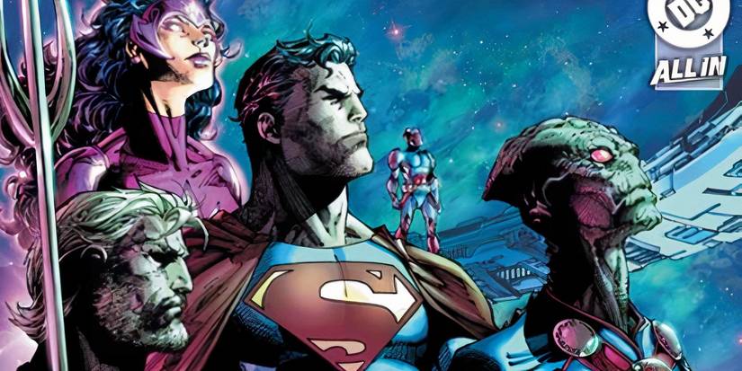 Comic book artL superman aquaman star sapphire atom and martian manhunter all look into the distance.