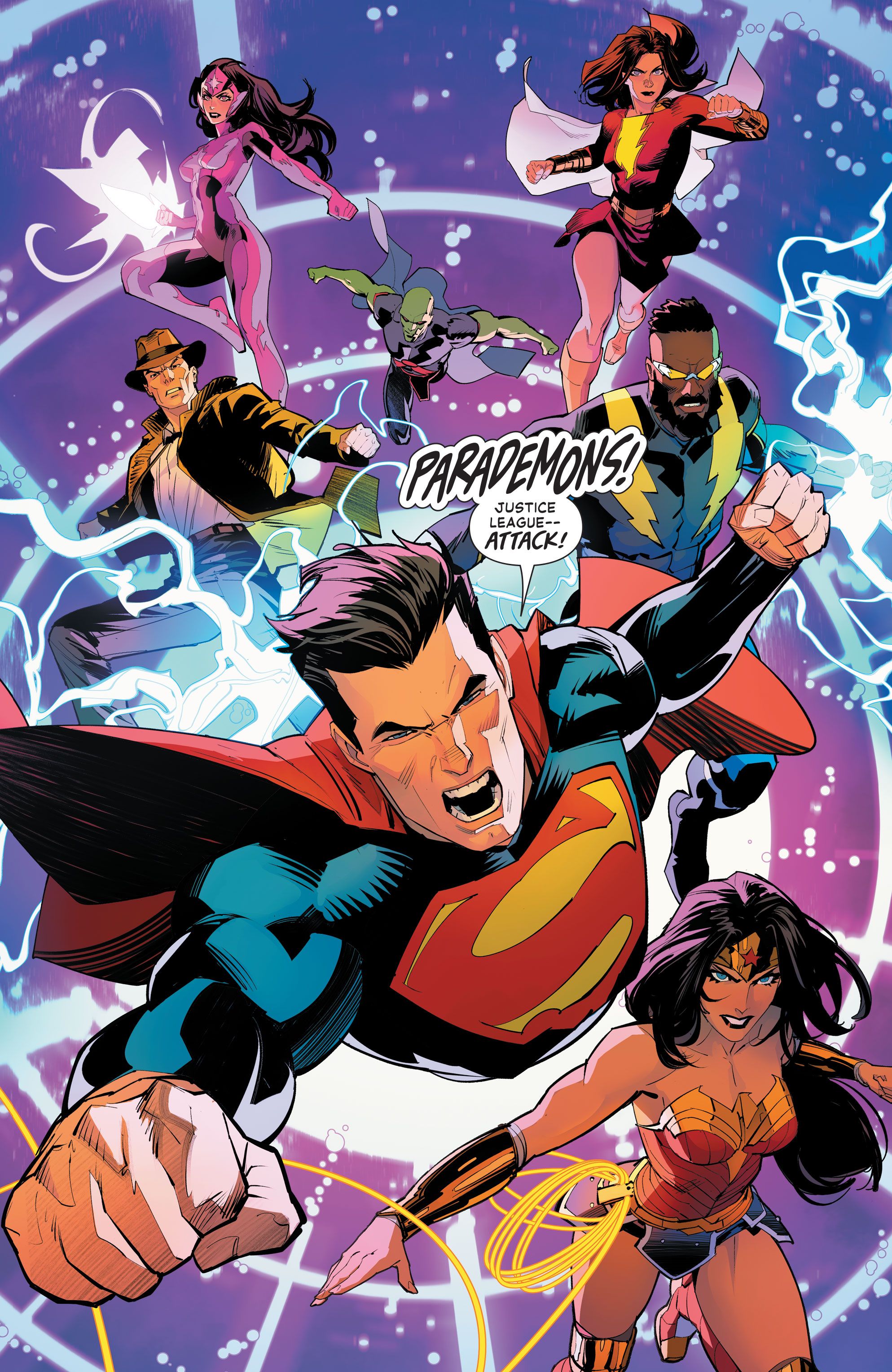 Comic book page: the Justice League leaps into action led by Superman.