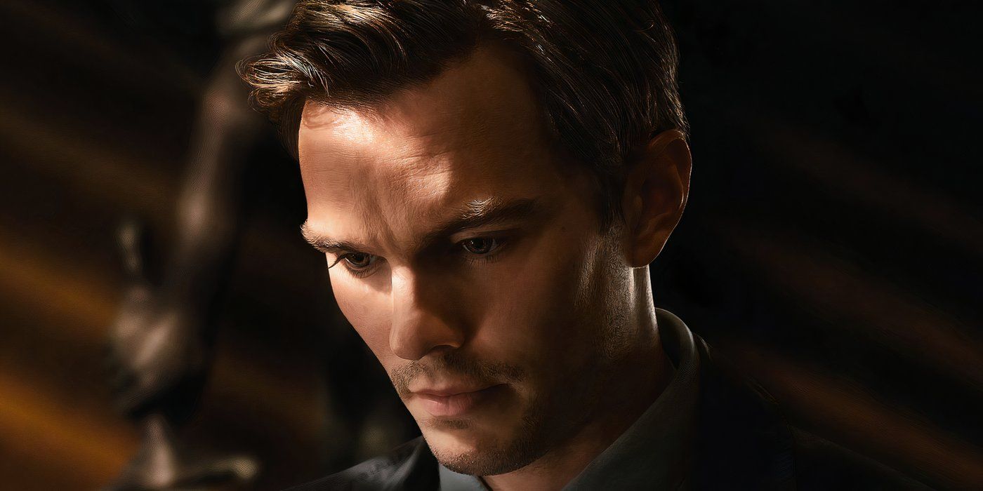 Nicholas Hoult as Justin Kemp looking down in Juror #2.