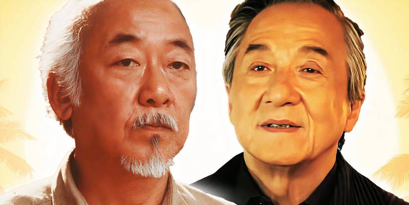 An edited image of Pat Morita as Mr. Miyagi and Jackie Chan as Mr. Han in The Karate Kid series.