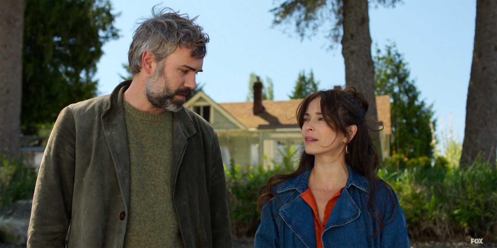 Karl and Cassandra having a conversation outside in Murder in a Small Town-1