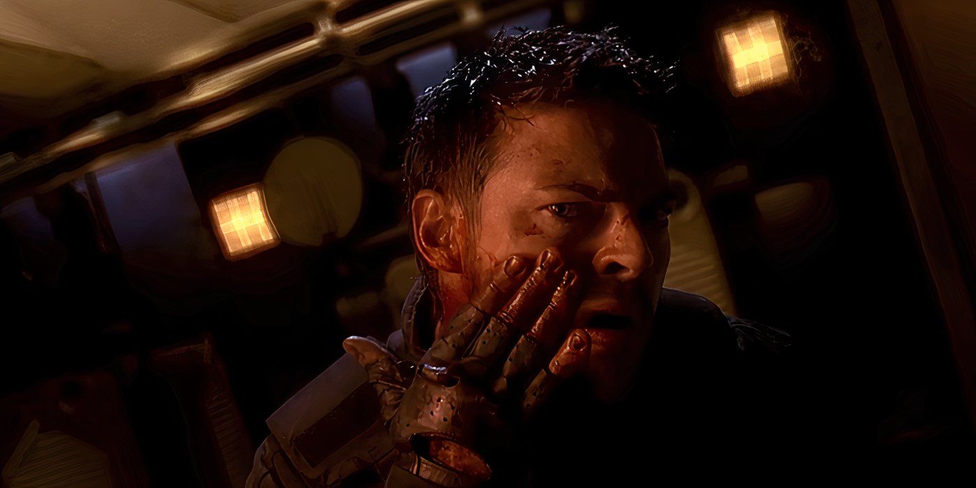 Karl Urban looking in mirror in Doom