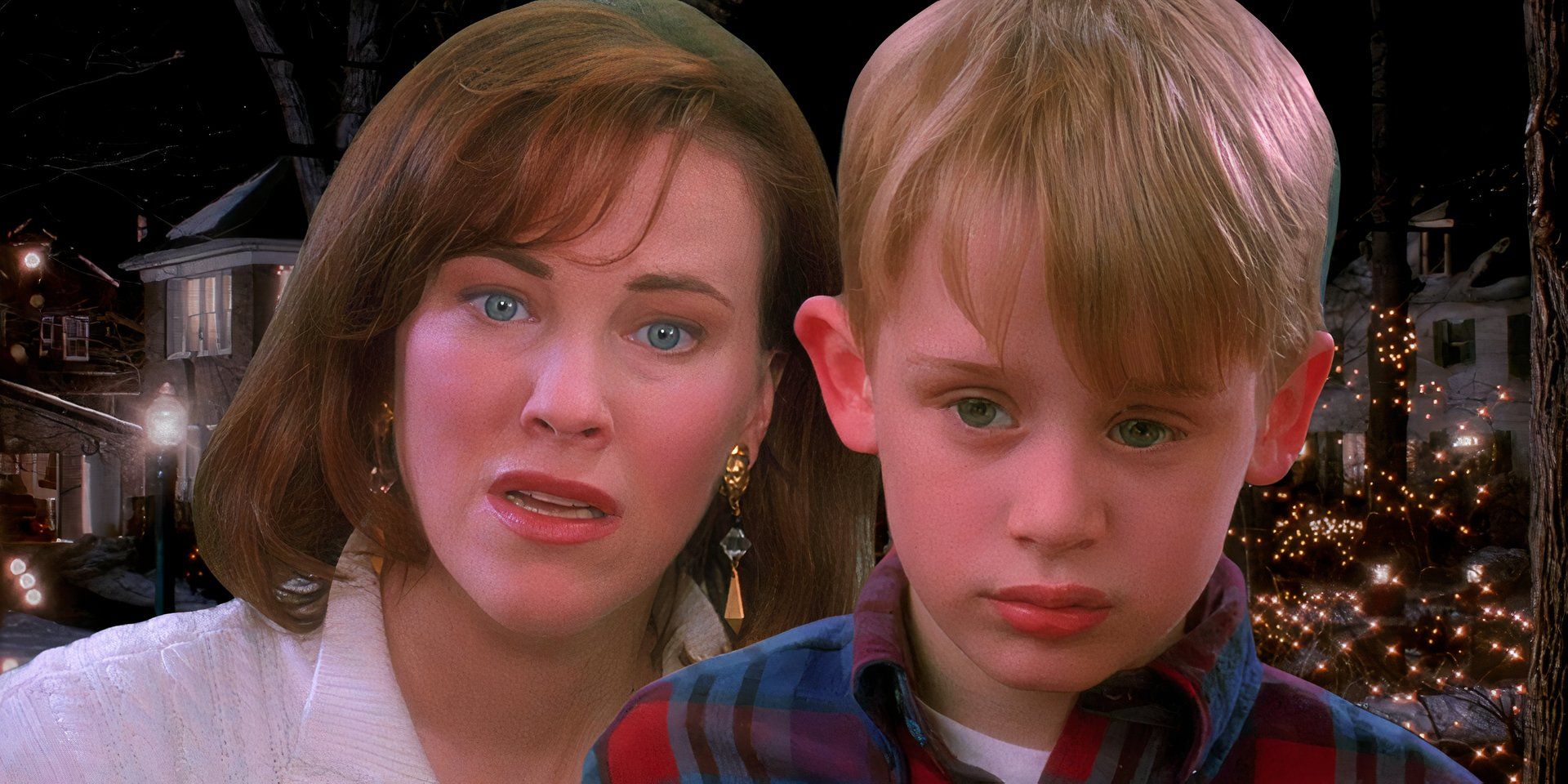 Kate and Kevin making weird faces while the McCallister home is in the background in Home Alone