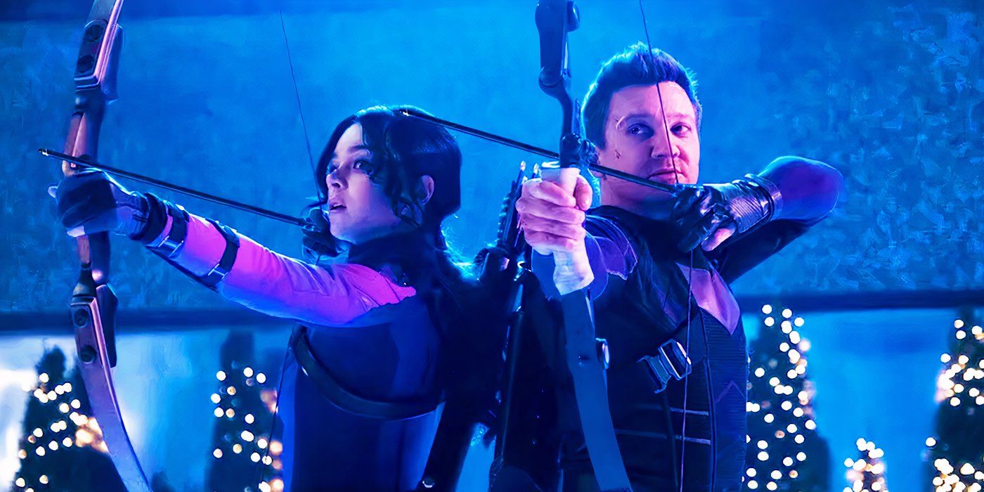 Kate Bishop and Clint Barton firing arrows in Hawkeye