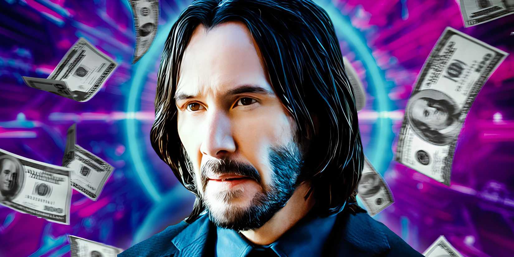 John Wick (Keanu Reeves) in front of a purple and blue background with $100 bills floating around his head