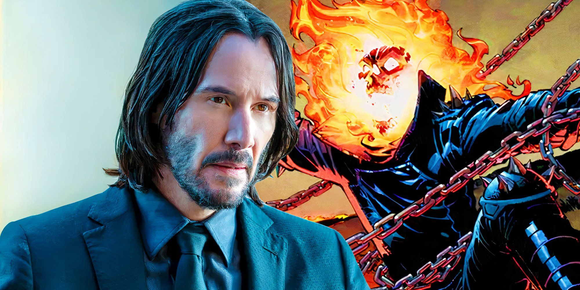 Keanu Reeves como John Wick junto a la obra de arte de Ghost Rider de Marvel