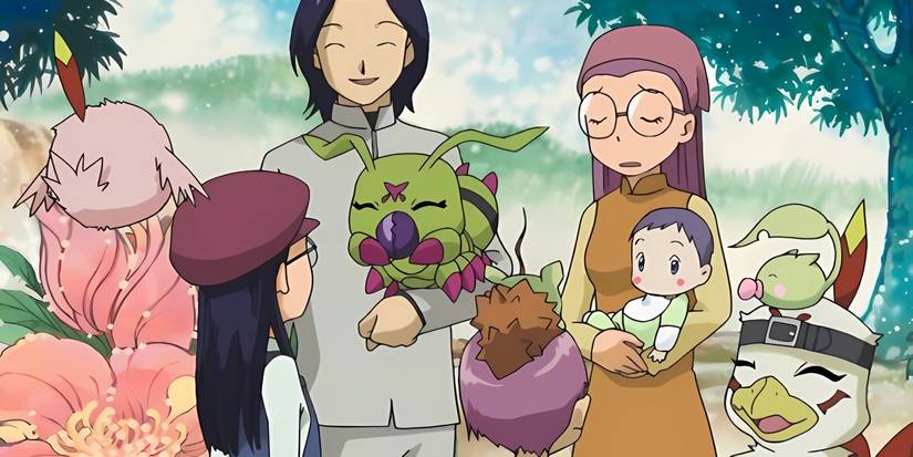 Ken and Yolei with their children and their partner Digimon. 