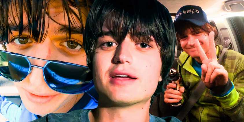 A collage of three shots of Joe Keery as Kurt Kunkle In Spree - created by Tom Russell