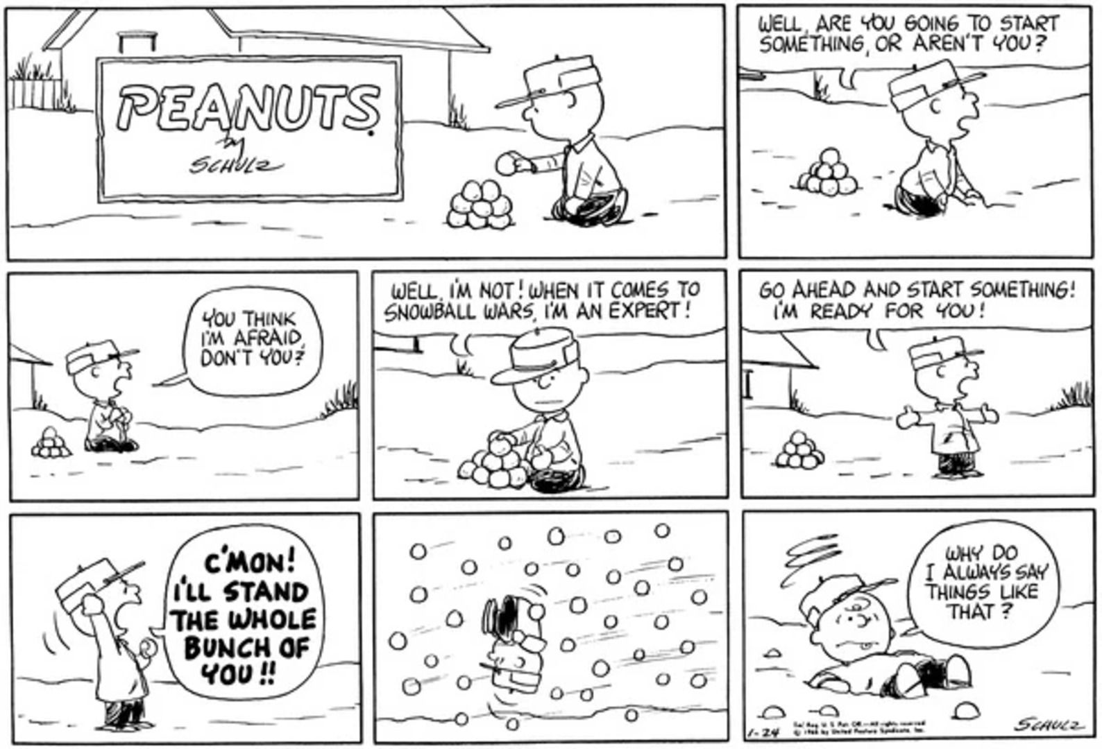 Charlie Brown getting hit by snowballs.