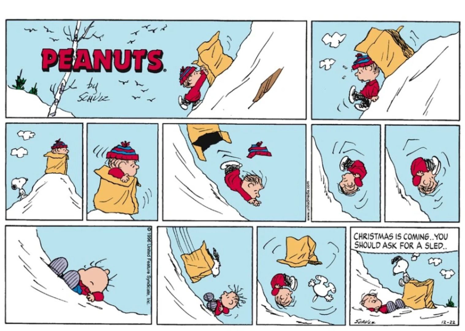 Repeat by sledding down a hill in a box with Snoopy following.