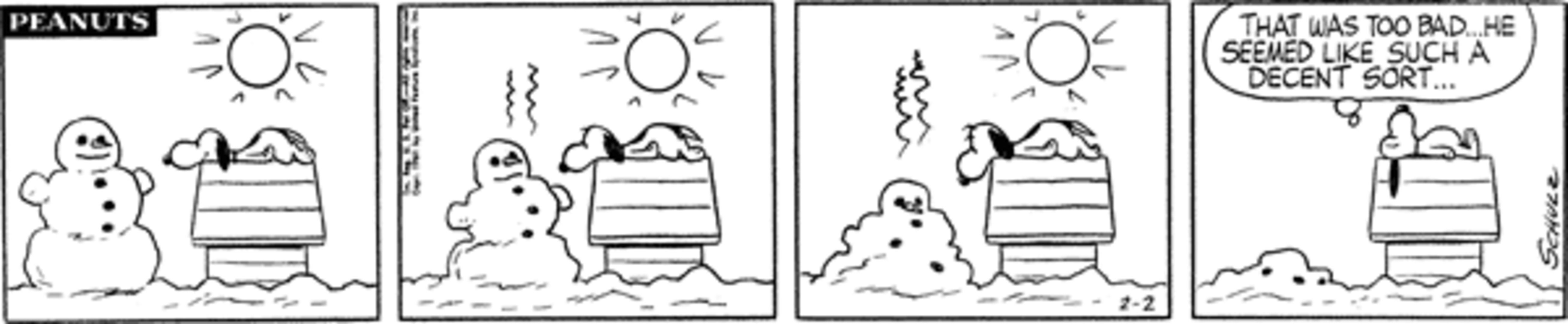 A snowman melting in front of Snoopy's doghouse.