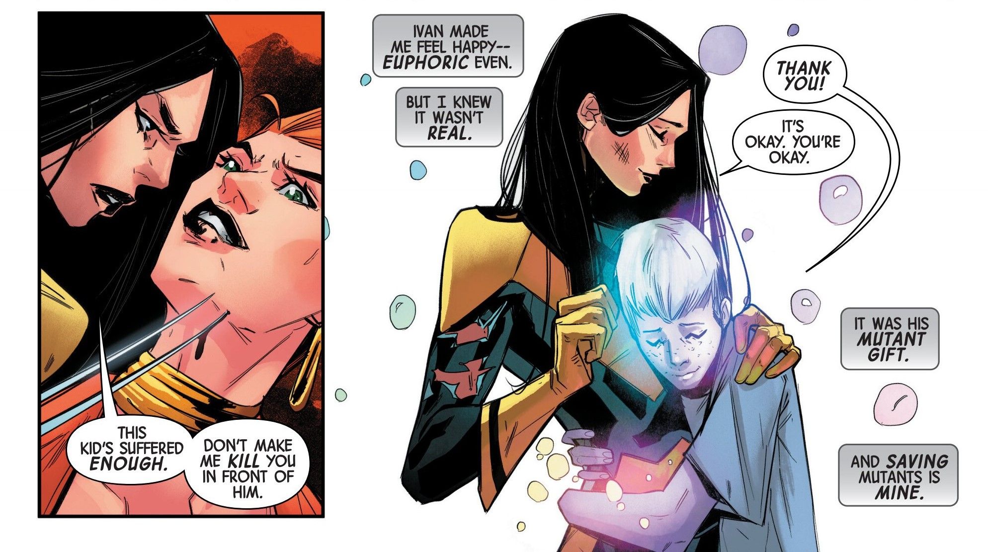 Laura hugs a young mutant she just saved