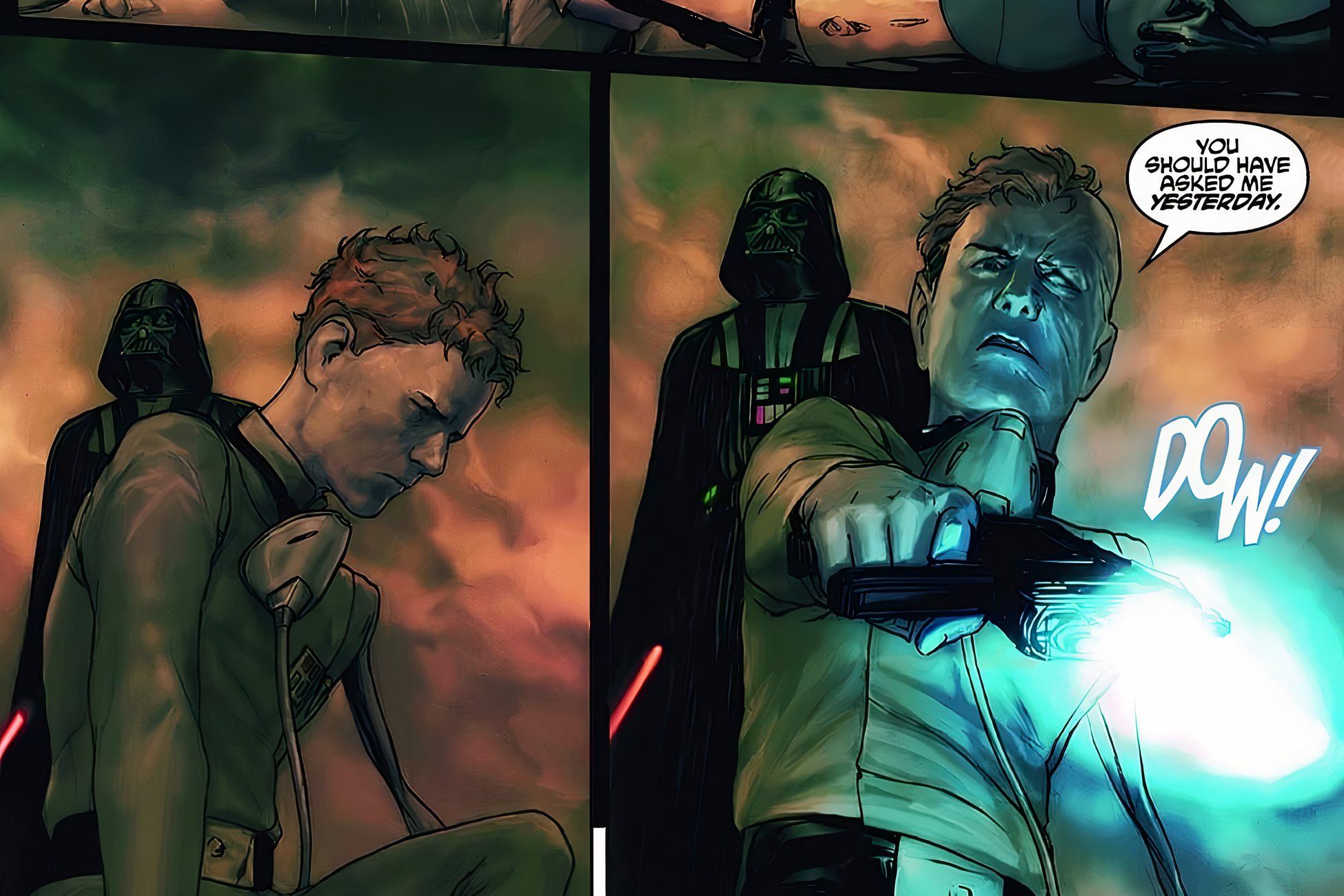 Lieutenant Tohm shoots an old ally while Darth Vader watches