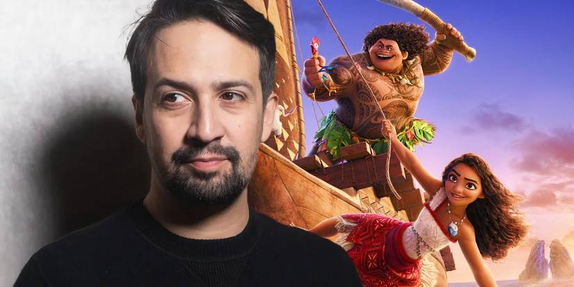 Lin-Manuel Miranda next to a poster for Moana 2 (2024)
