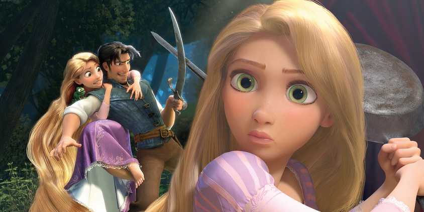A composite image of Rapunzel wielding her frying pan in front of Rapunzel and Finn cowering in Tangled