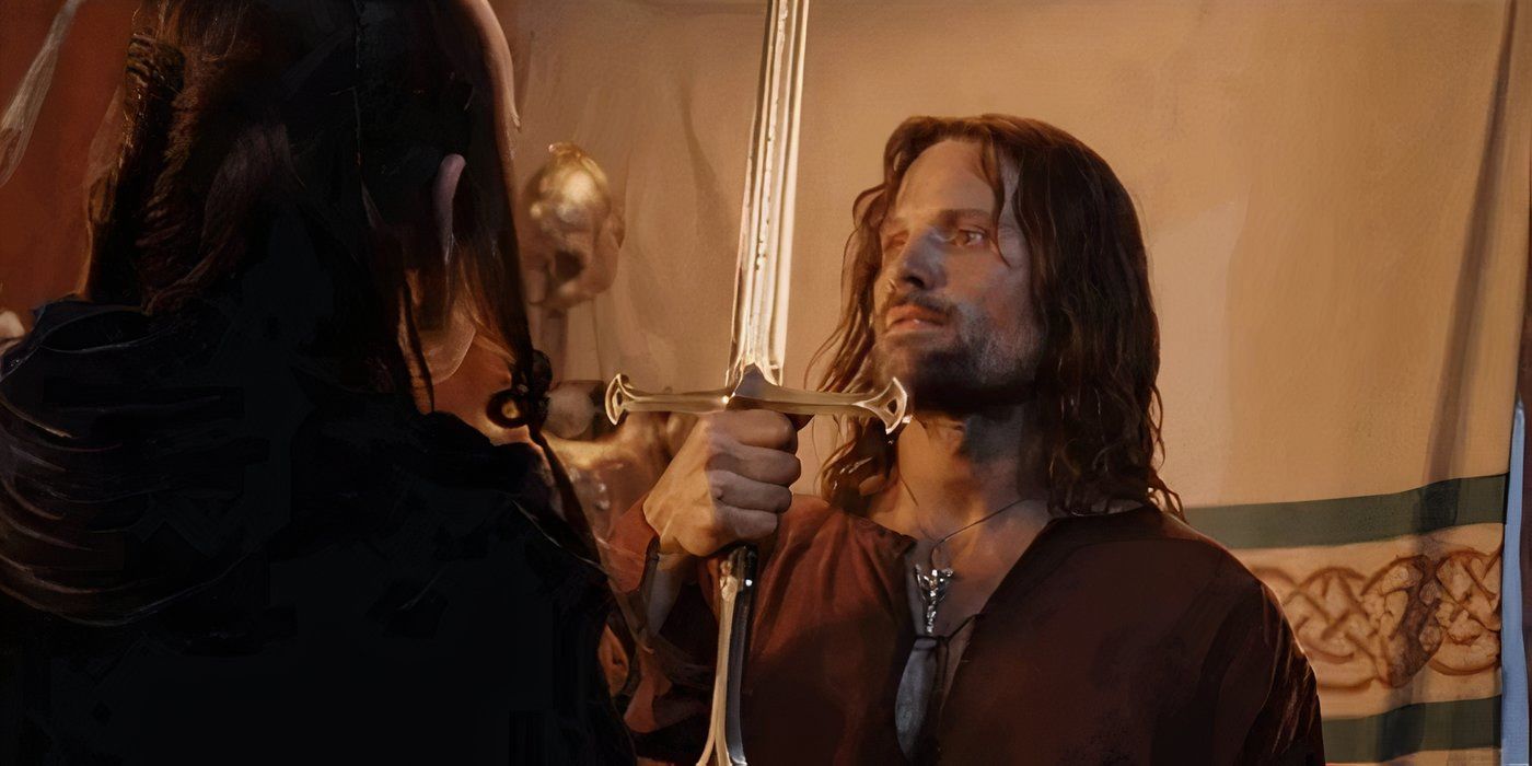 Aragorn first unsheathing Anduril in front of Elrond in Return of the King