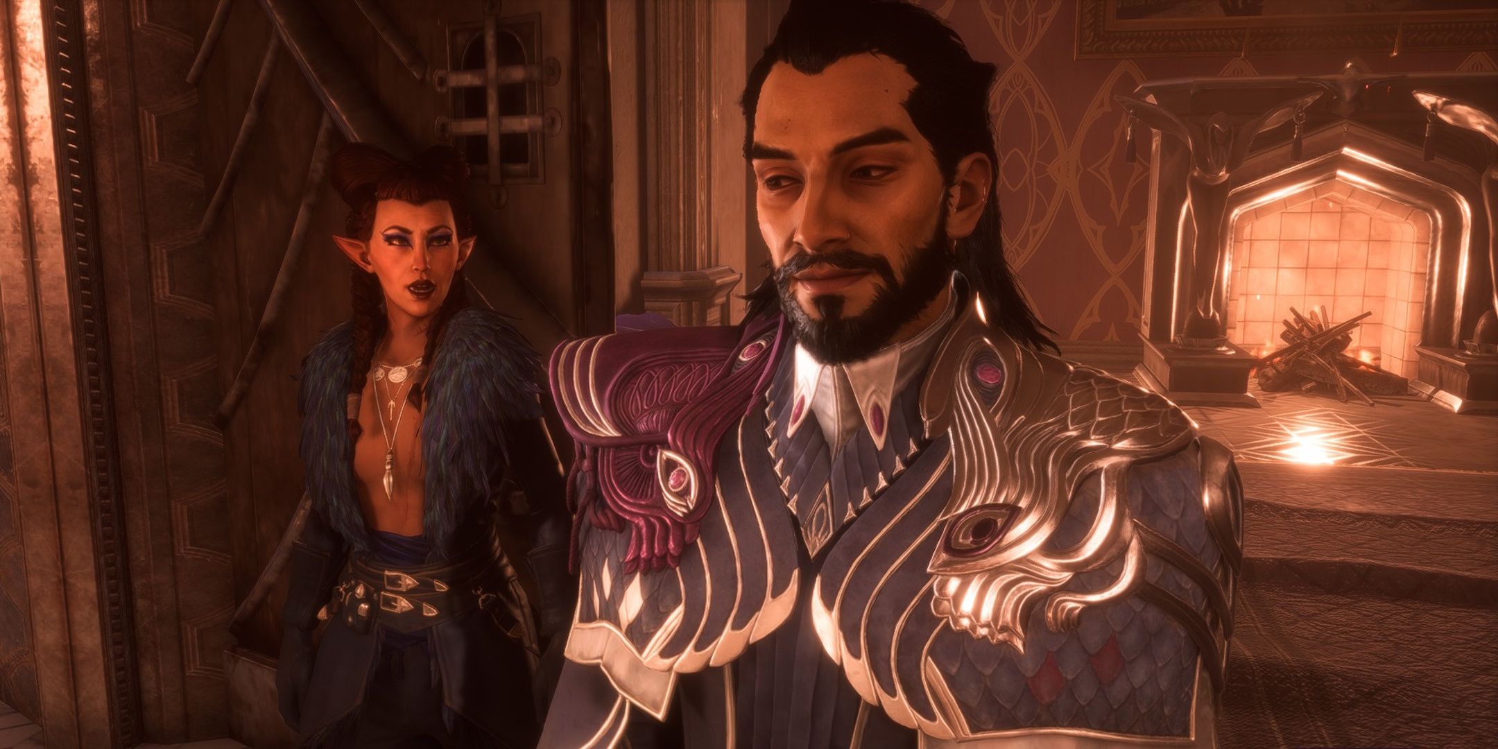 Lucanis looks back at Rook smiling in Dragon Age: The Veilguard.