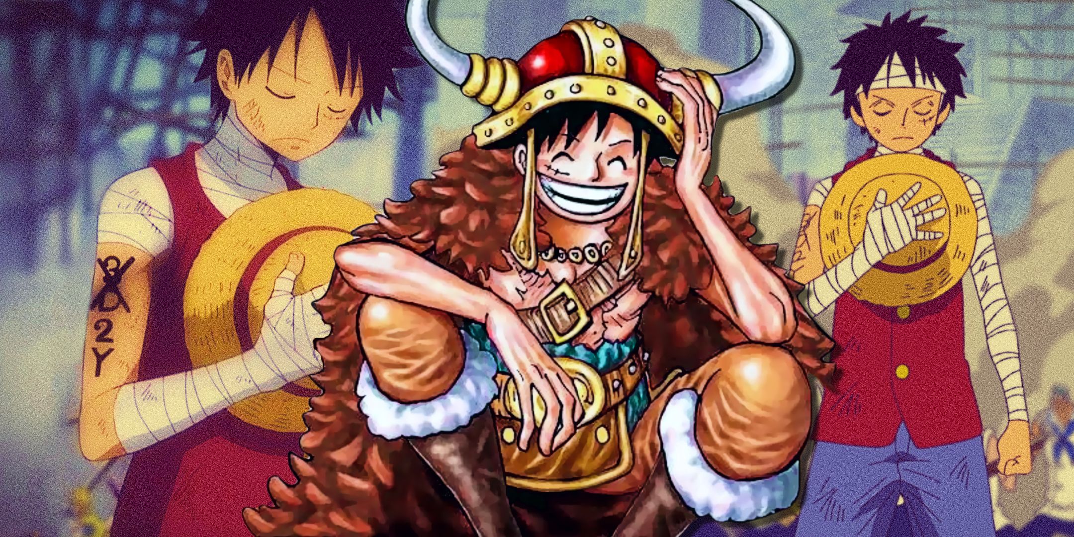 luddy as seen in the manga during the elbaf arc with stills from the anime of Luffy at Marineford paying his respects while announcing the timeskip