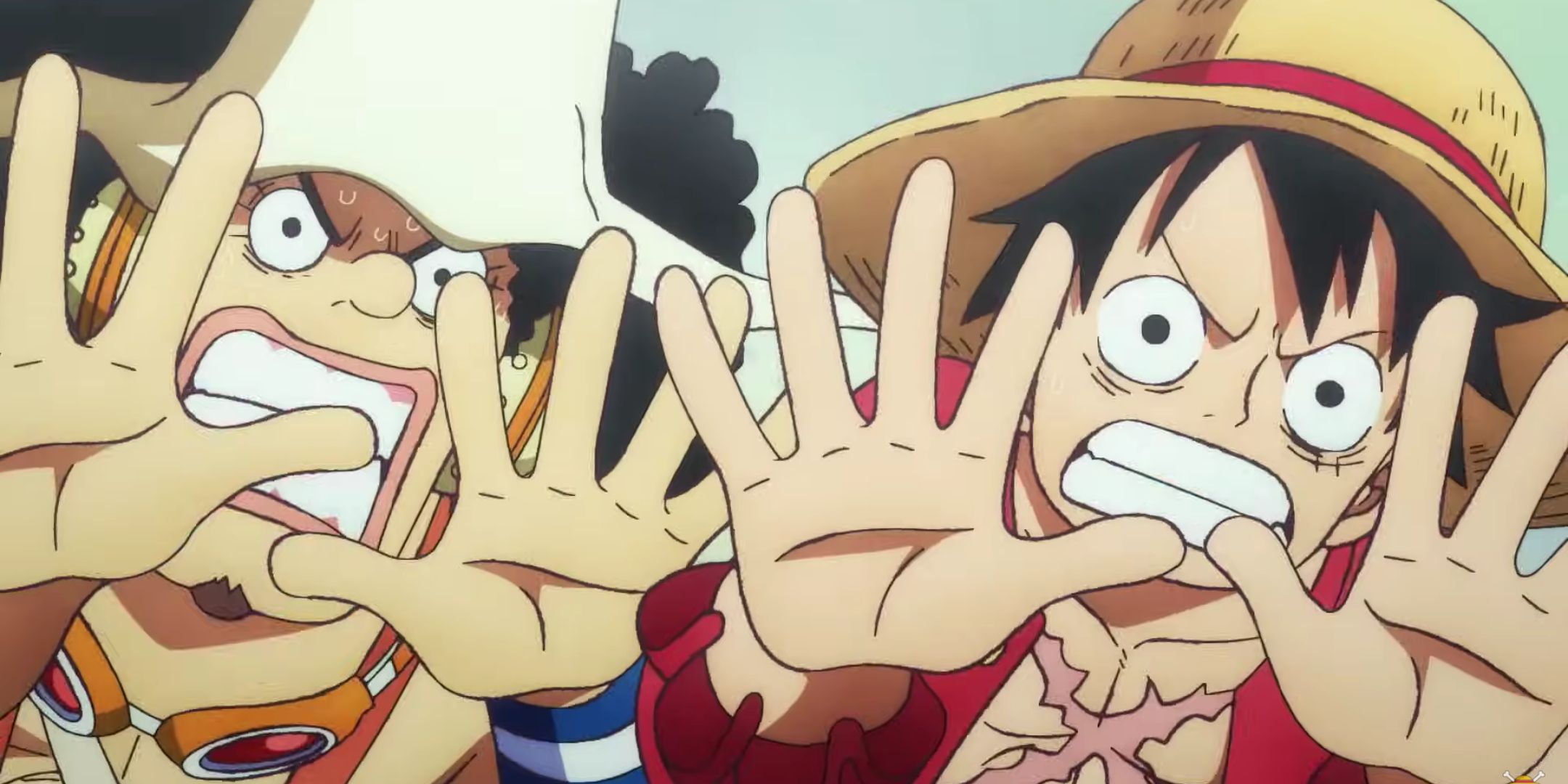 luffy and usopp holding up their palms in front of them looking scared in one piece