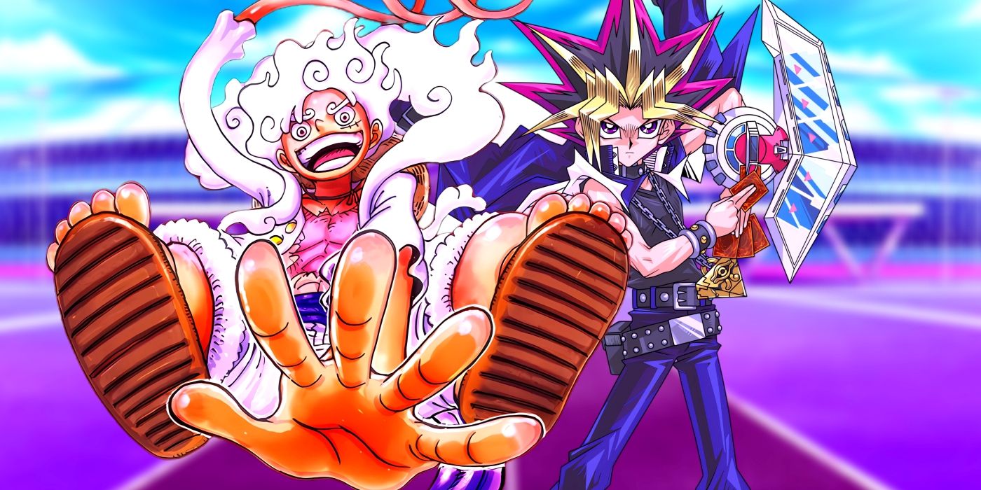 Luffy in Gear 5 form and Yugi holding his duel disk, standing side by side. Behind them a dueling arena can be seen. 