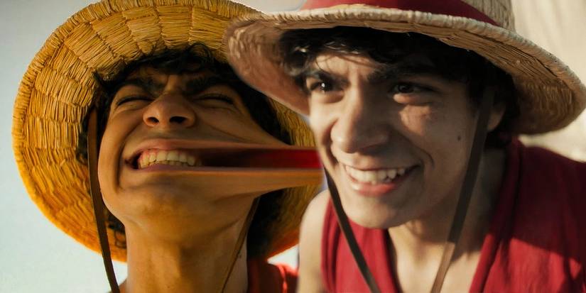 Luffy stretching his mouth next to Luffy smiling in One Piece live action season 1