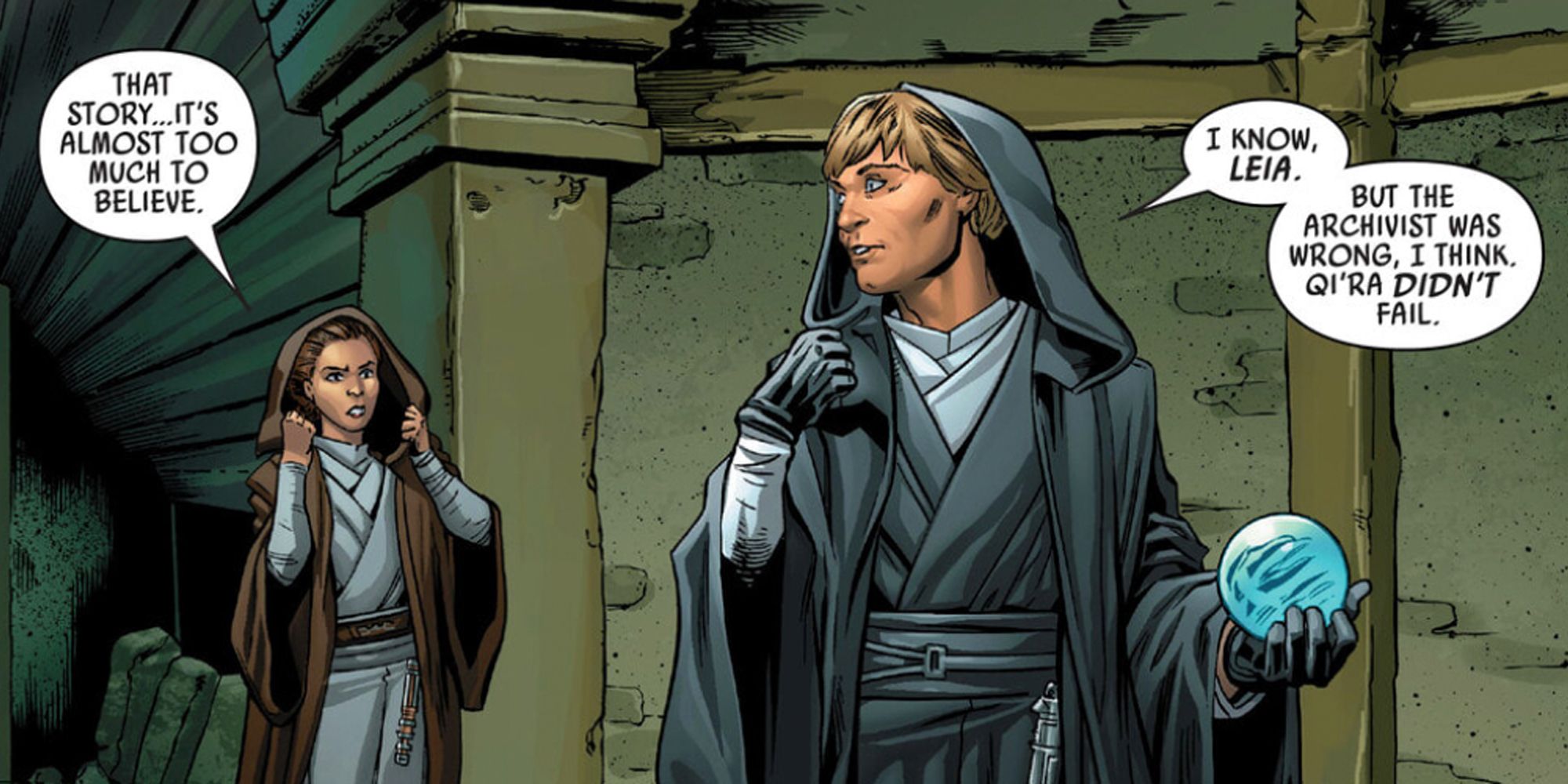 Luke Skywalker holding a Jedi artifact while talking to Leia