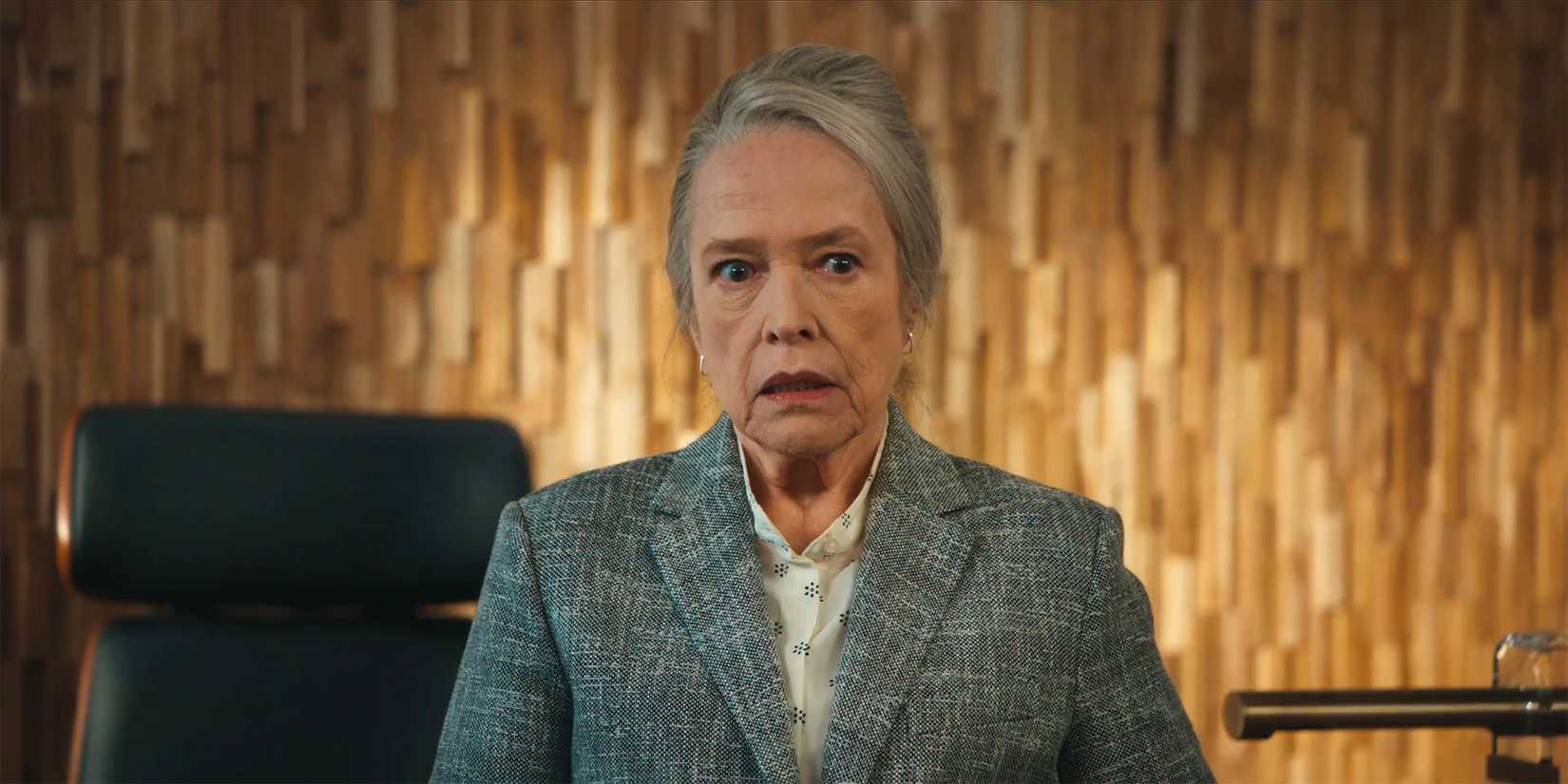 Madeline Matlock wears work attire and has a shocked look on her face in Matlock