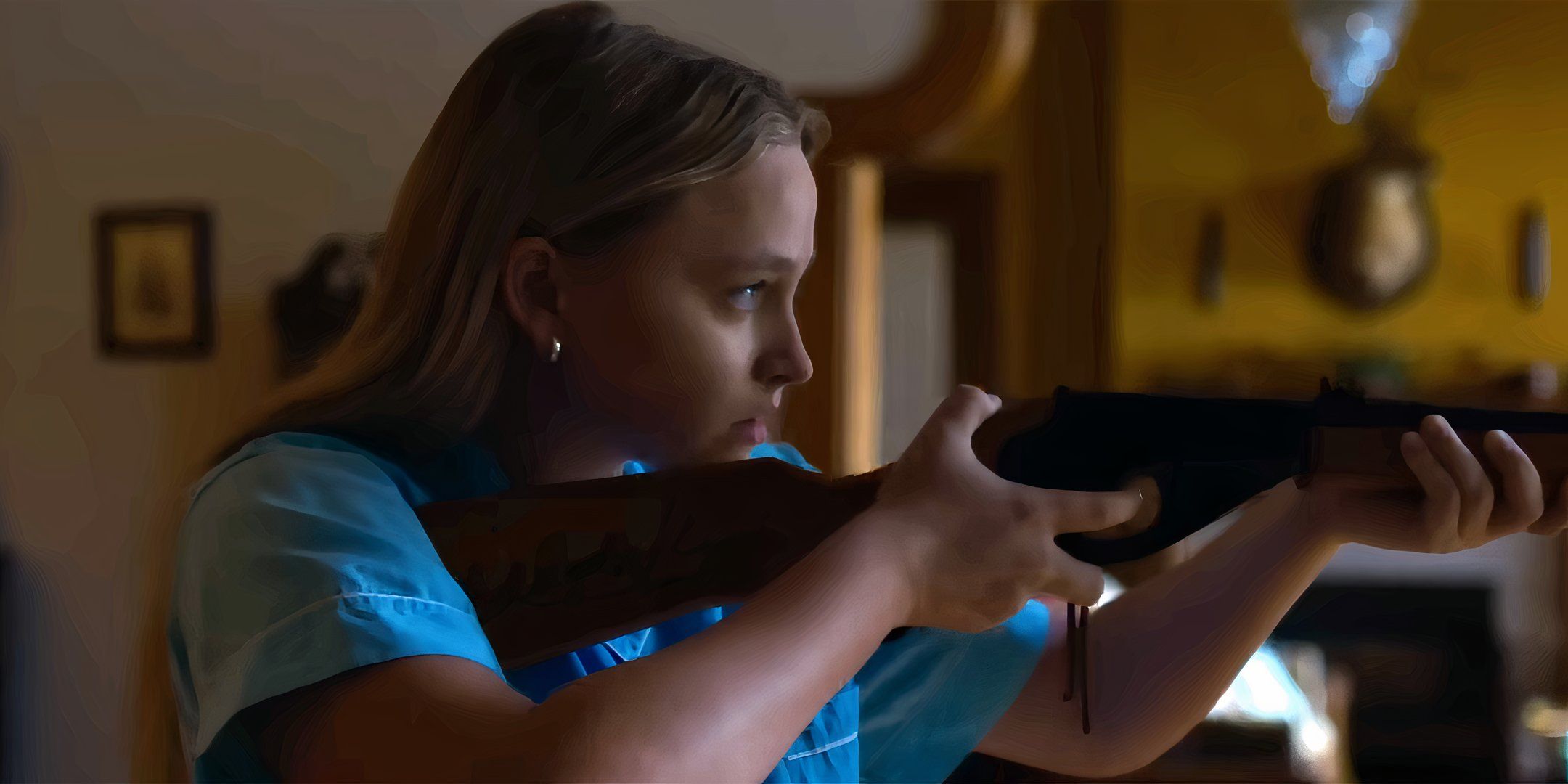 Madison Wolfe's Annie aiming a rifle in The Man in the White Van