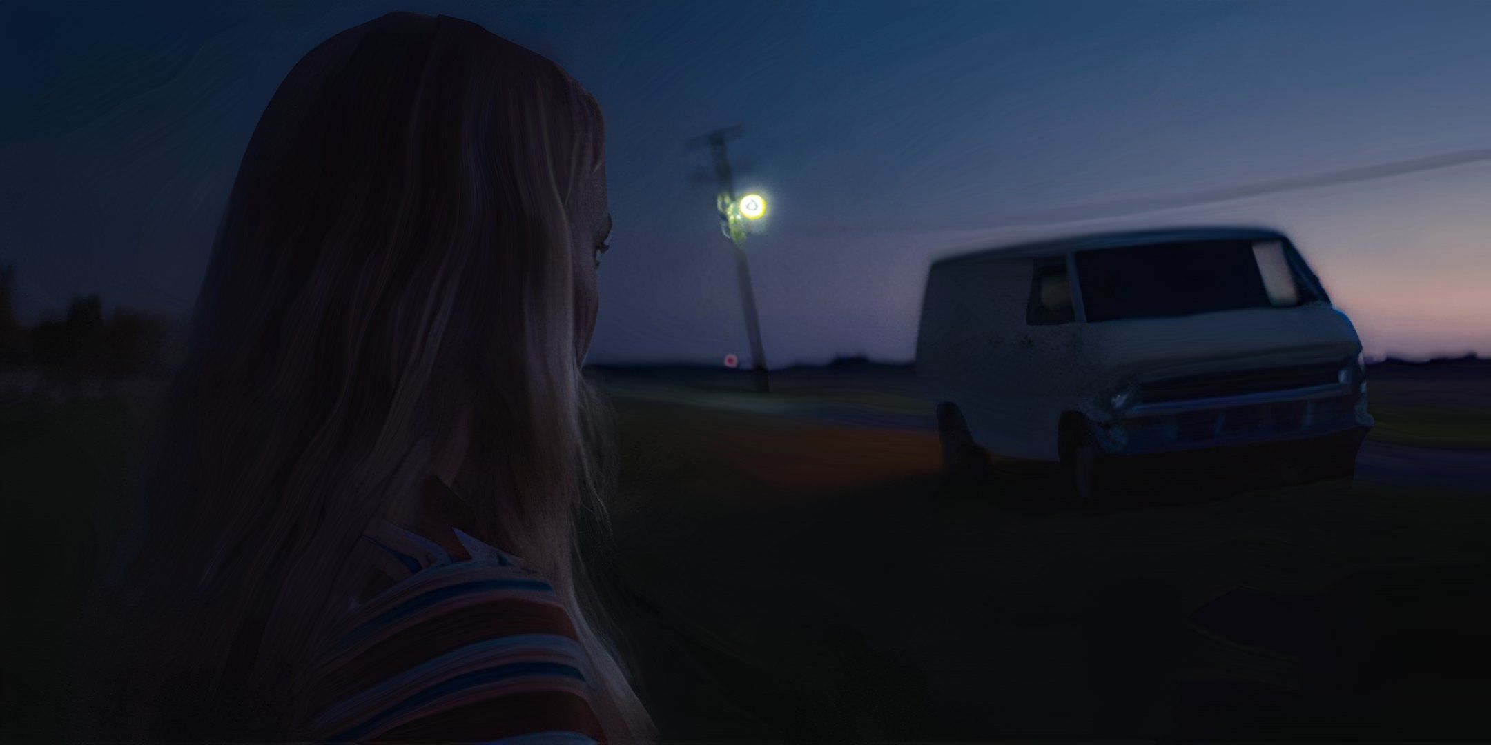 Madison Wolfe's Annie looking at the van parked nearby in The Man in the White Van