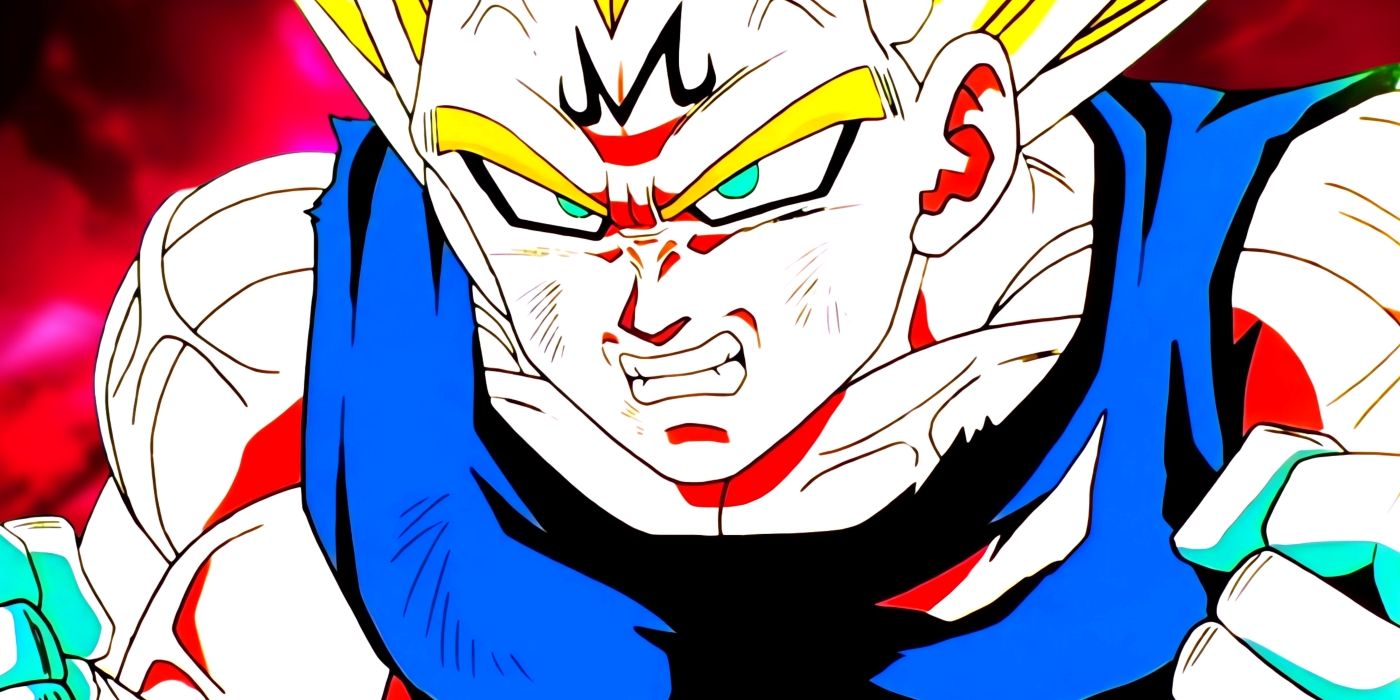 Majin Vegeta angry during his fight against Goku. Behind him, Planet Vegeta can be seen.
