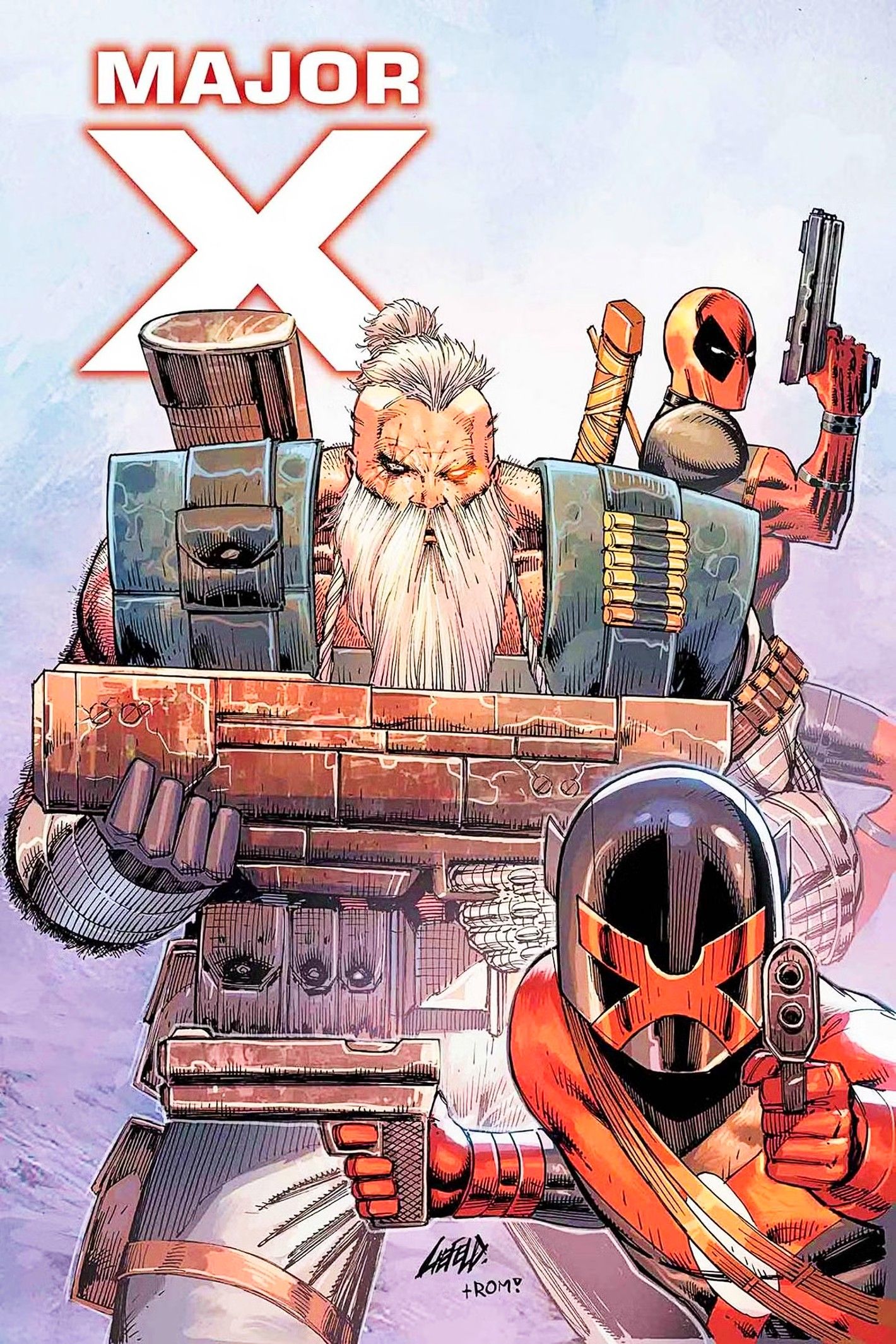 Capa de Major X, apresentando Major X, uma versão antiga de Cable e Deadpool