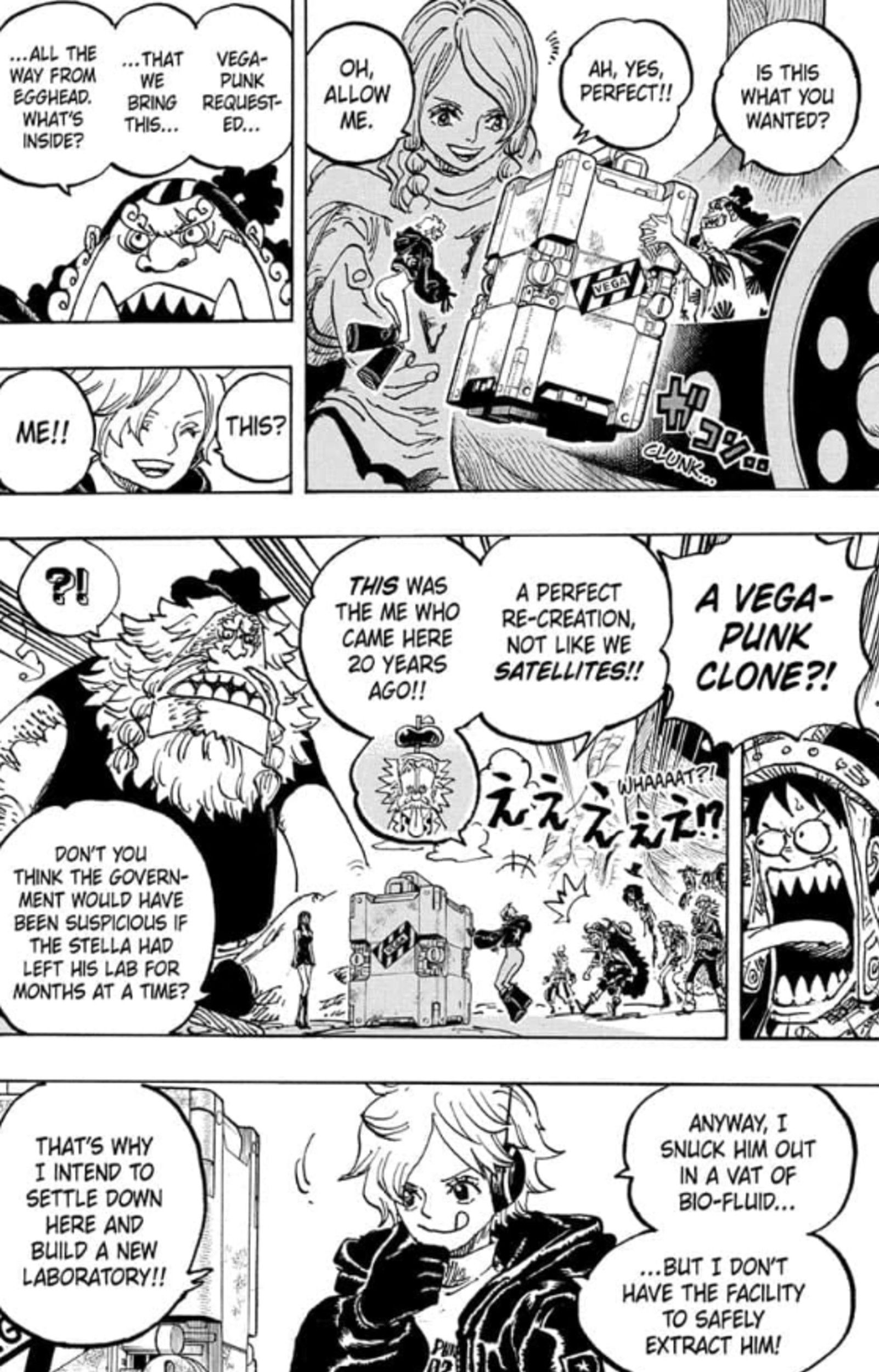 manga panel of Vegapunk Lilith telling Luffy about a replica of her original body