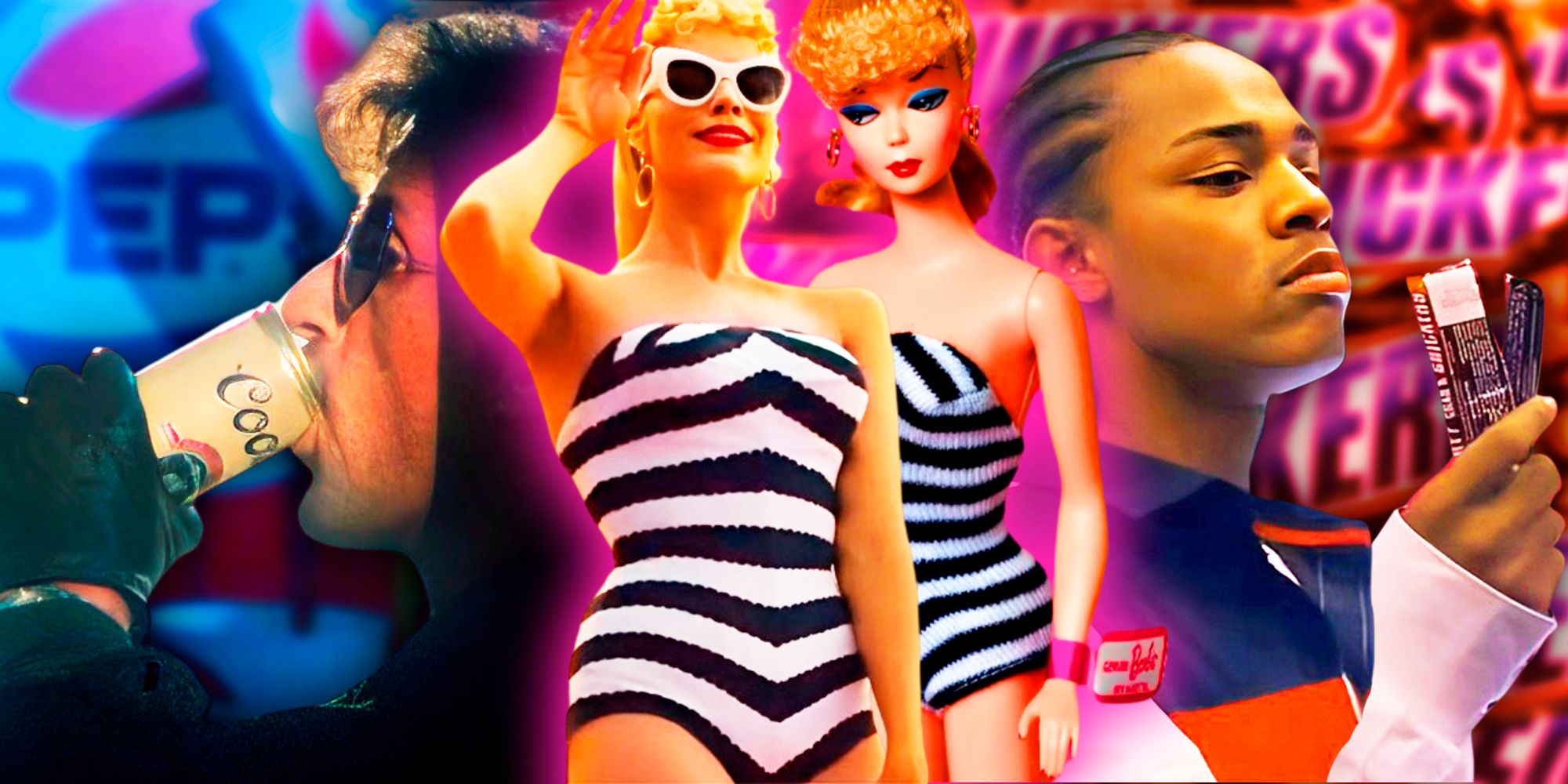 Margot Robbie as Barbie and Barbie Dolls, Twinkie with Snickers bar in Tokyo Drift, and Sylvester Stallone drinking pepsi in Cobra