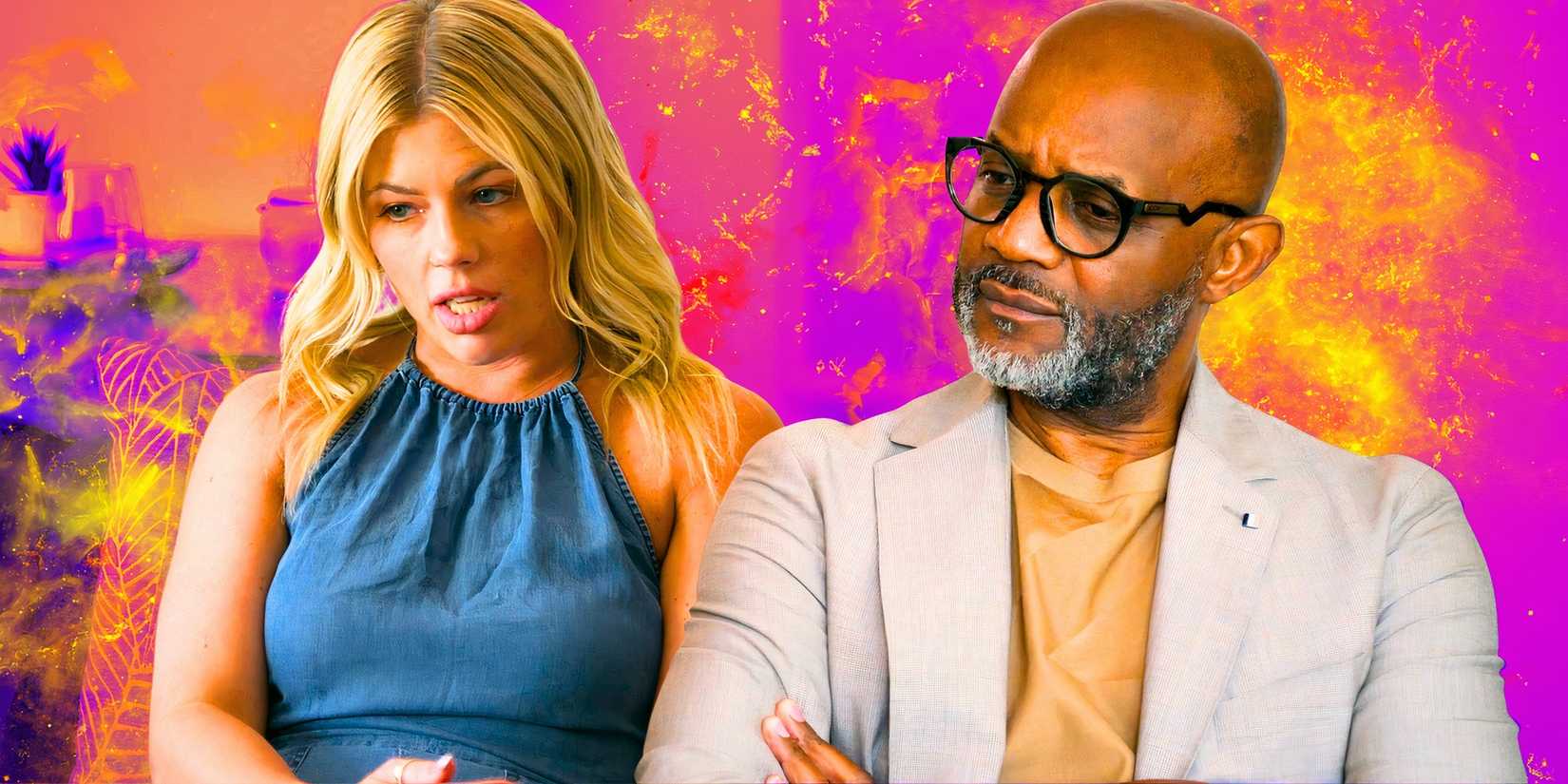  Married At First Sight expert Pastor Cal Roberson with cast member Michelle Tomblin looking somber amid pink background