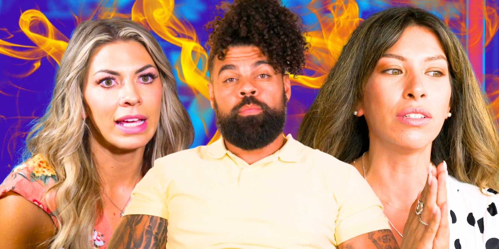 Married at First Sight season 18 cast Madison Myers, David Trimble, & Karla Juarez in side by side images with David looking serious