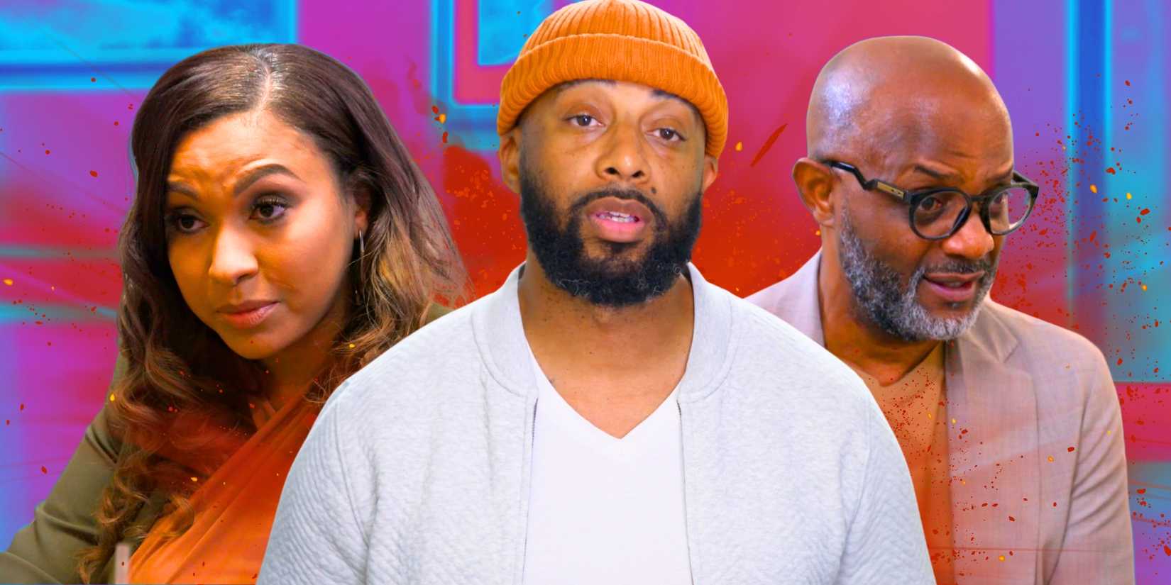 Married At First Sight's Ikechi Oroje, Emem Obot & Pastor Cal look serious and with judgmental expressions.